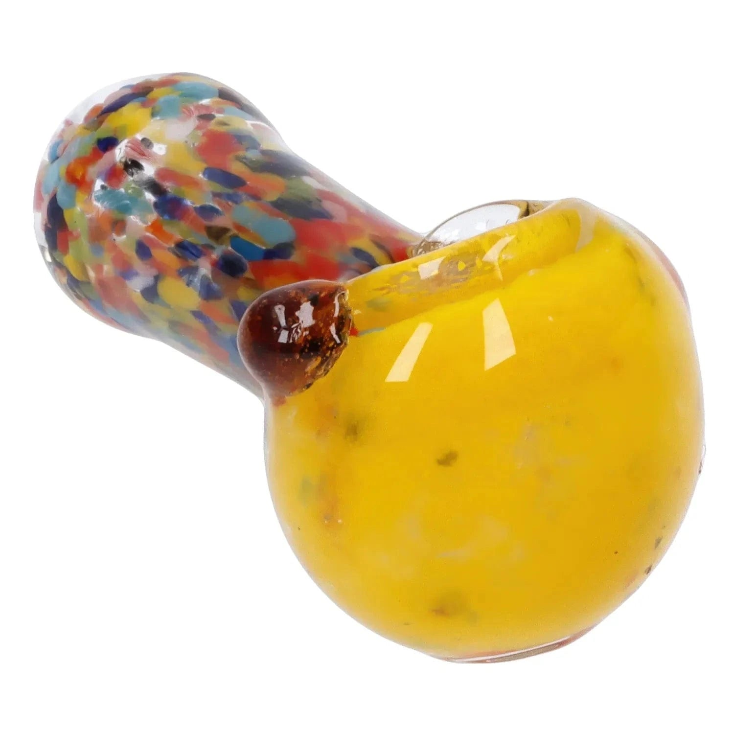 Close-up angled view of the Multi Frit Pipe - 2.5 in showing a yellow glass bowl transitioning to a multicolored, confetti-patterned neck.