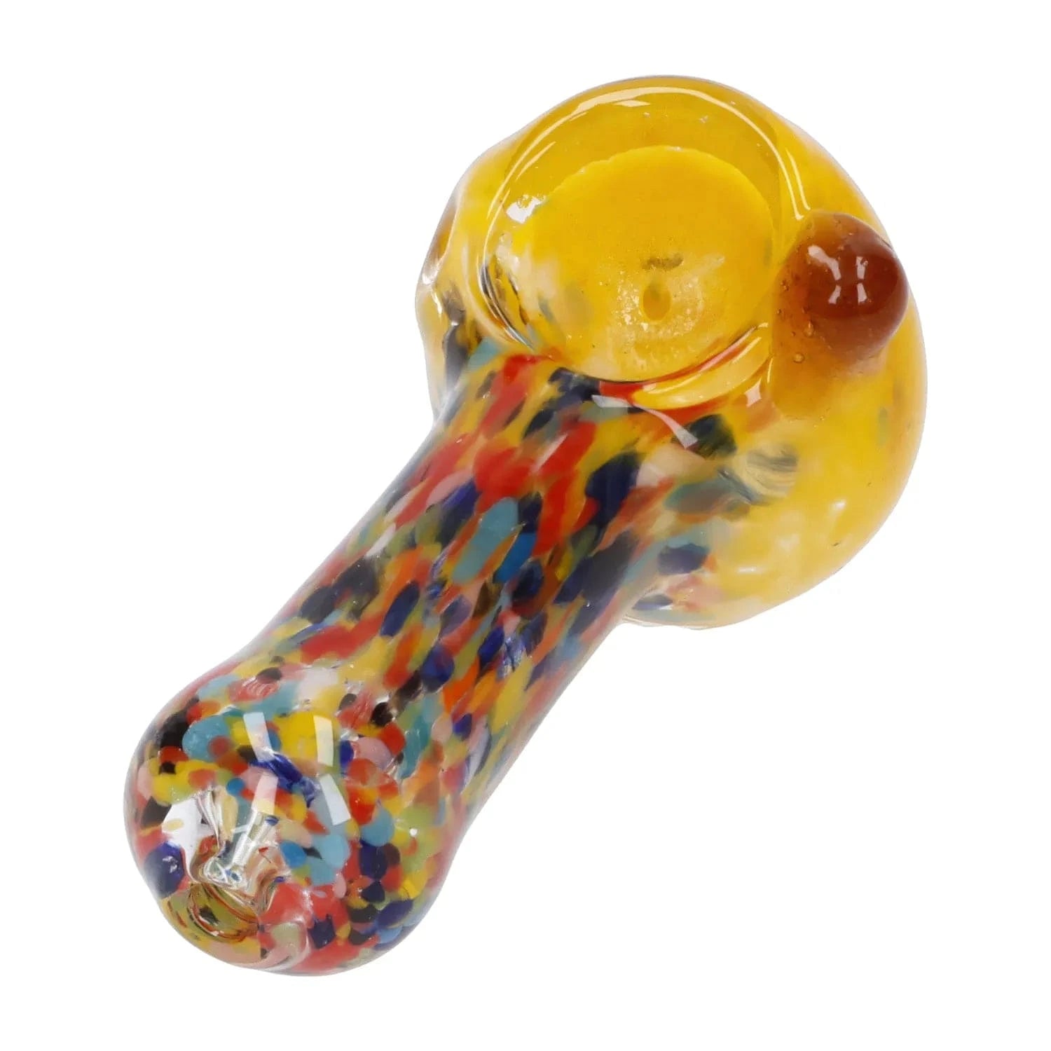 Close-up angled view of the colorful glass bowl and mouthpiece of the Multi Frit Pipe - 2.5 in, showing yellow rim and multicolored frit pattern.