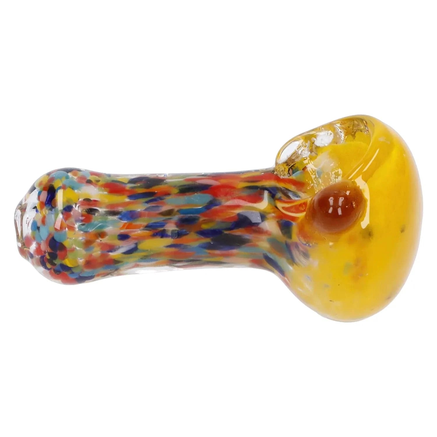 Side view of the Multi Frit Pipe - 2.5 in showing a yellow rounded bowl and a multicolored speckled stem against a white background