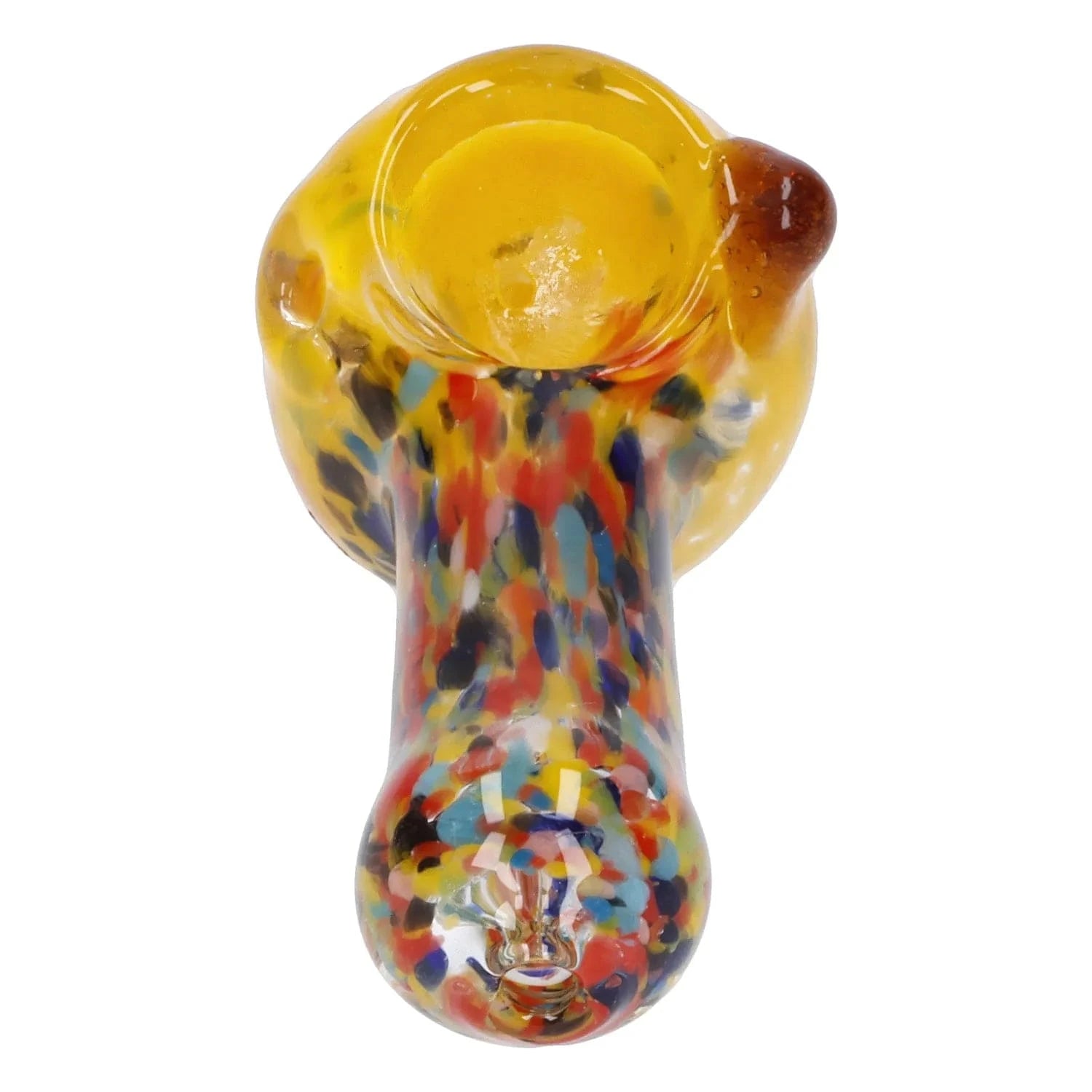 Top-down close-up of the colorful bowl on the Multi Frit Pipe - 2.5 in, showing a yellow rim and speckled multicolor stem on white background