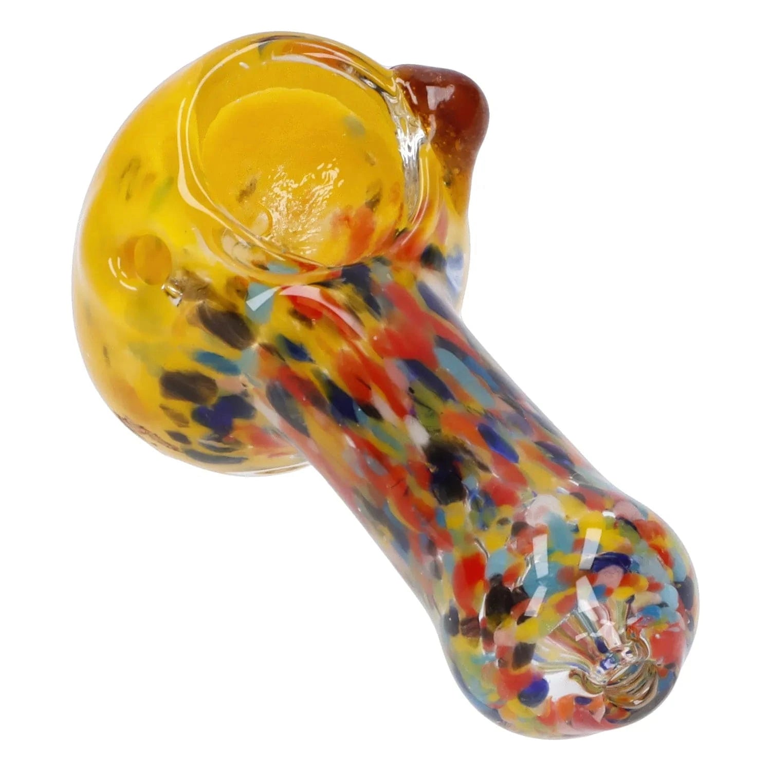 Angled close-up of the colorful glass bowl on the Multi Frit Pipe - 2.5 in, showing yellow rim and multicolored speckled body