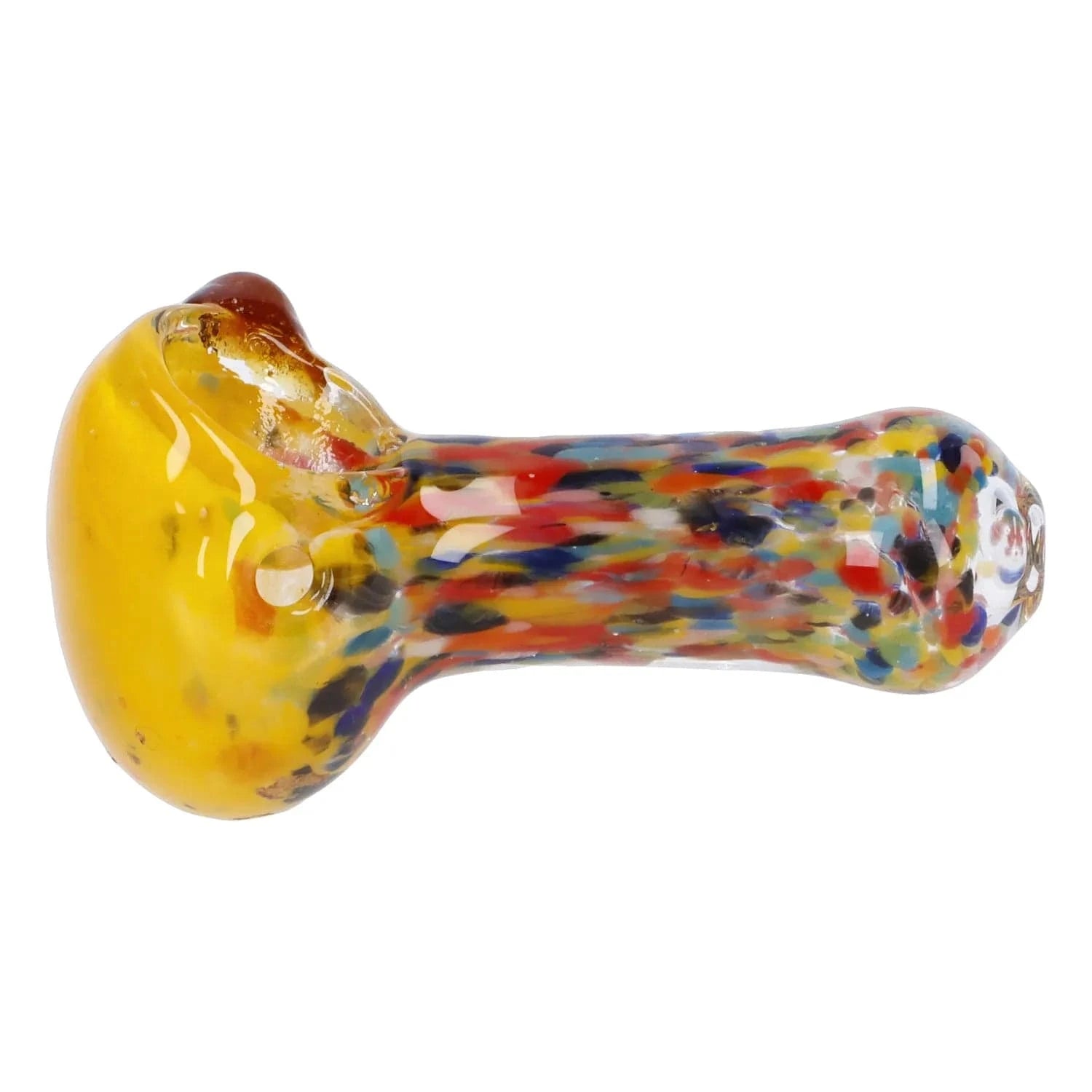 Side view of a yellow-and-multicolor hand pipe showing the bowl and speckled stem of the Multi Frit Pipe - 2.5 in.