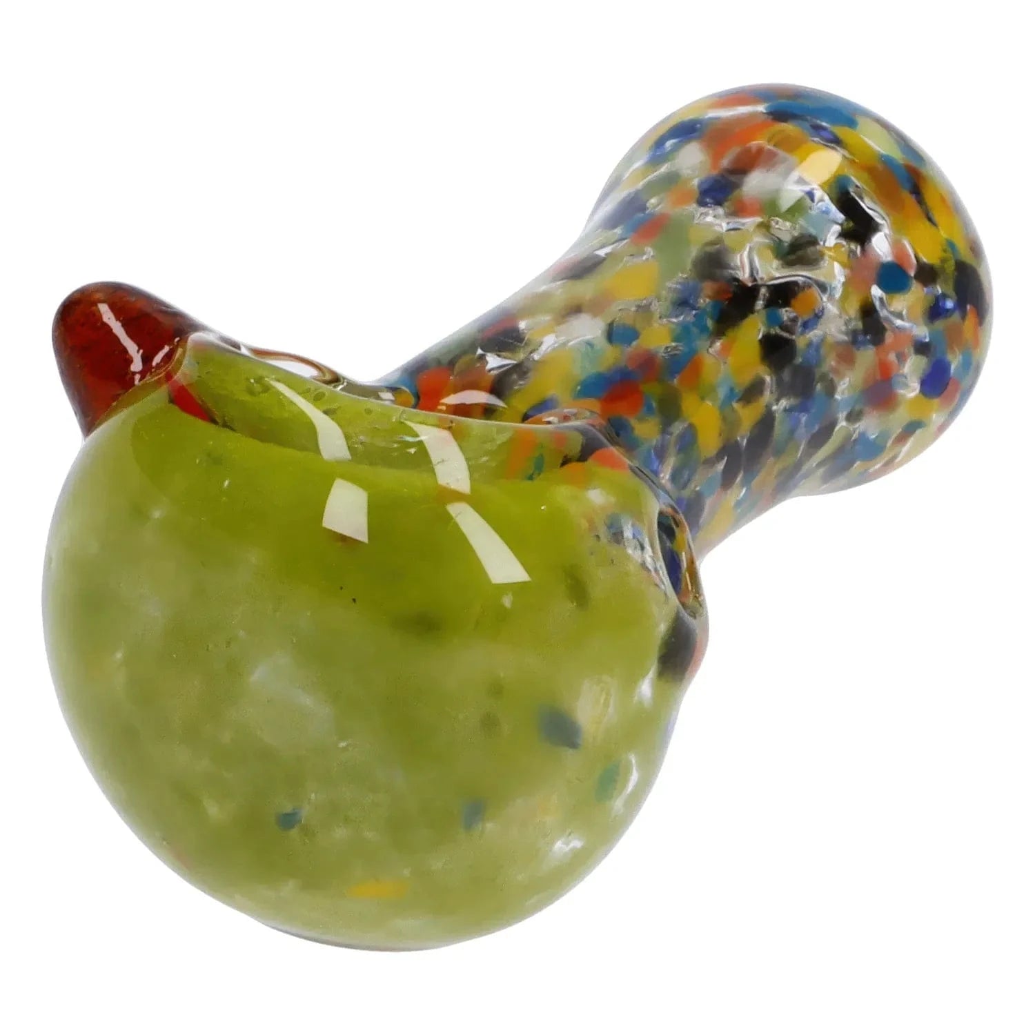 Close-up angled view of the Multi Frit Pipe - 2.5 in showing its green glass bowl and multicolored speckled stem against a white background.
