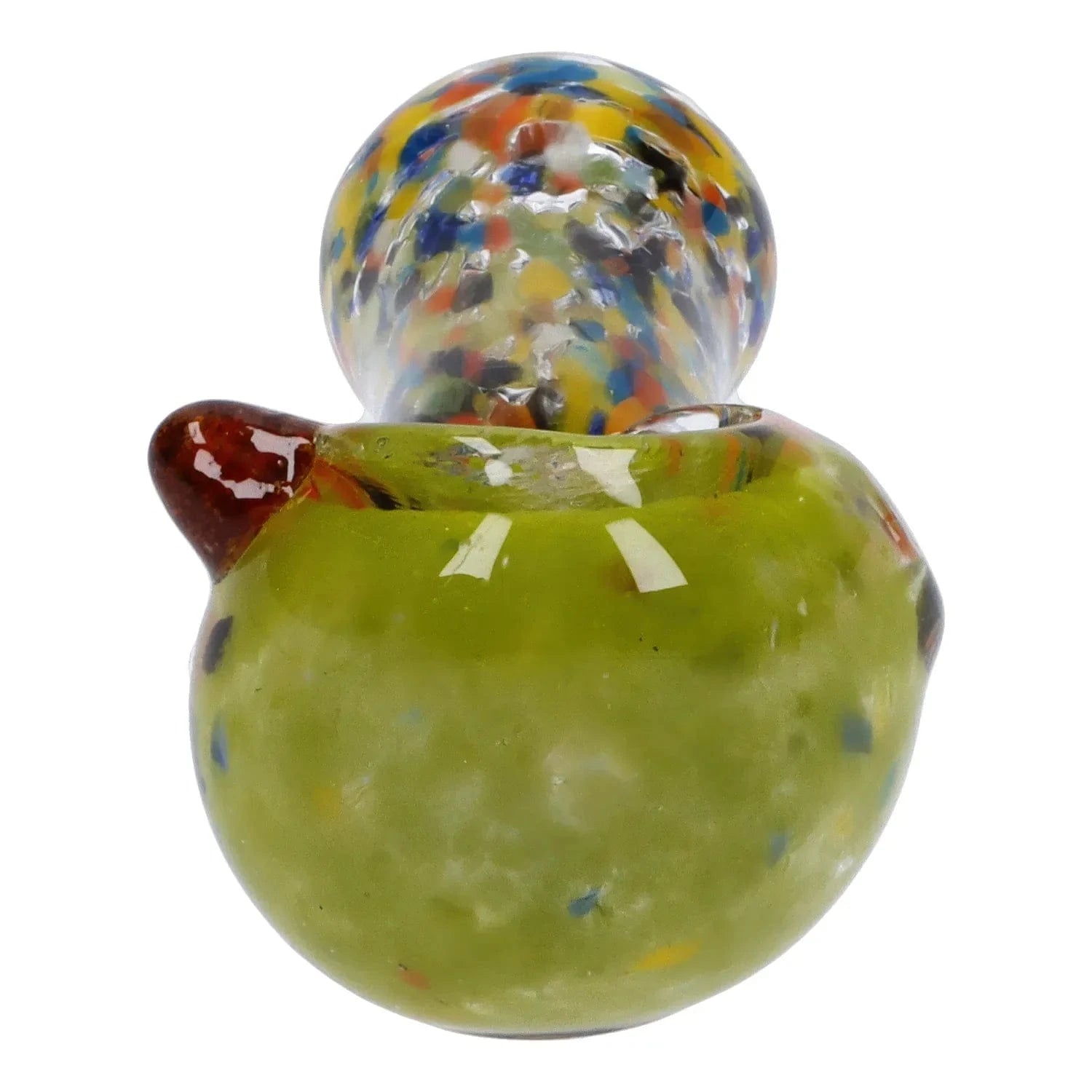 Close-up front view of the Multi Frit Pipe - 2.5 in showing a glossy green rounded body with a multicolored frit bowl and small amber handle.