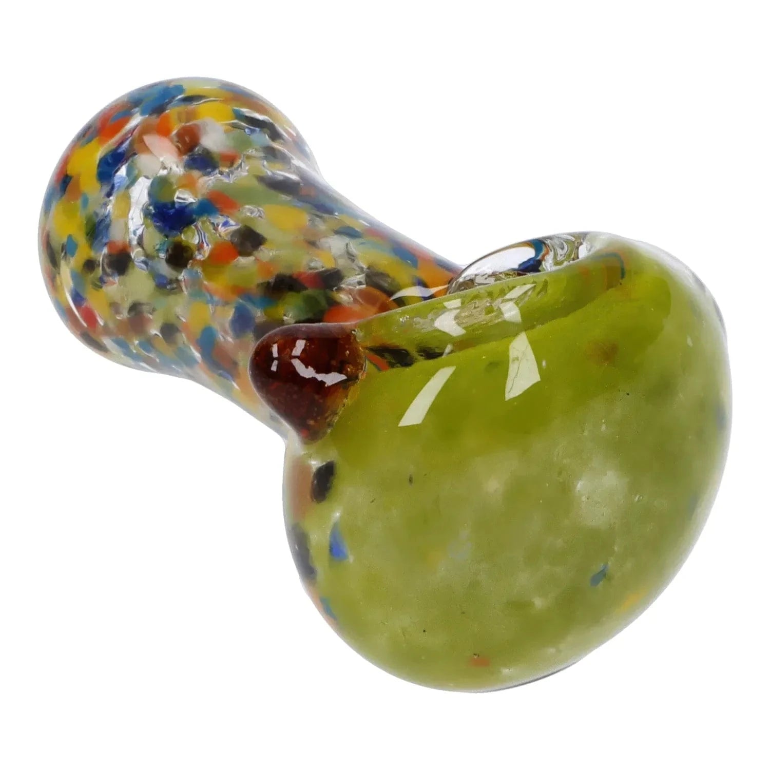Close-up angled view of the Multi Frit Pipe - 2.5 in showing its rounded green bowl and multicolored frit-patterned stem against a white background