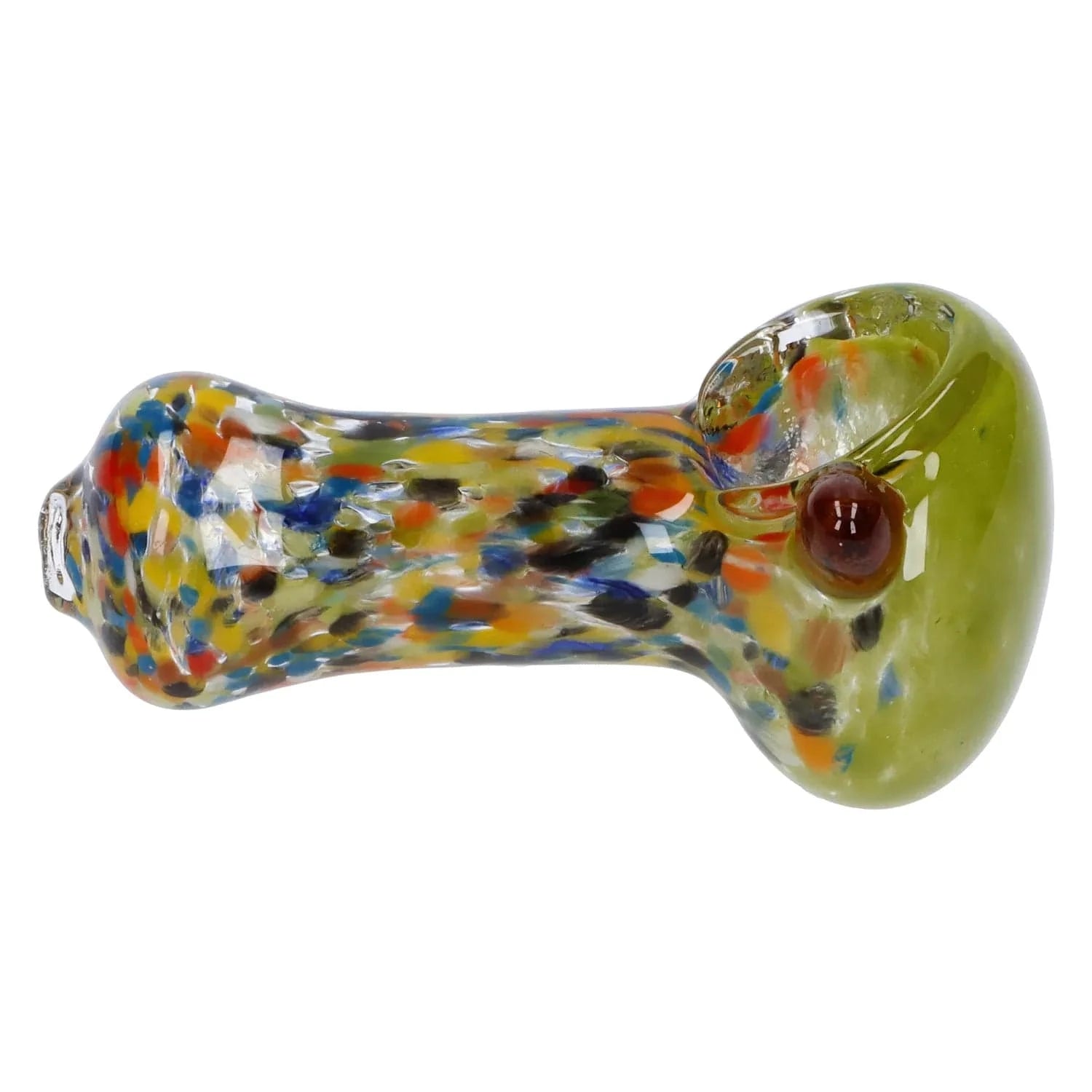 Side view of the Multi Frit Pipe - 2.5 in showing a short glass spoon with a green bowl and multicolored frit speckles along the handle.