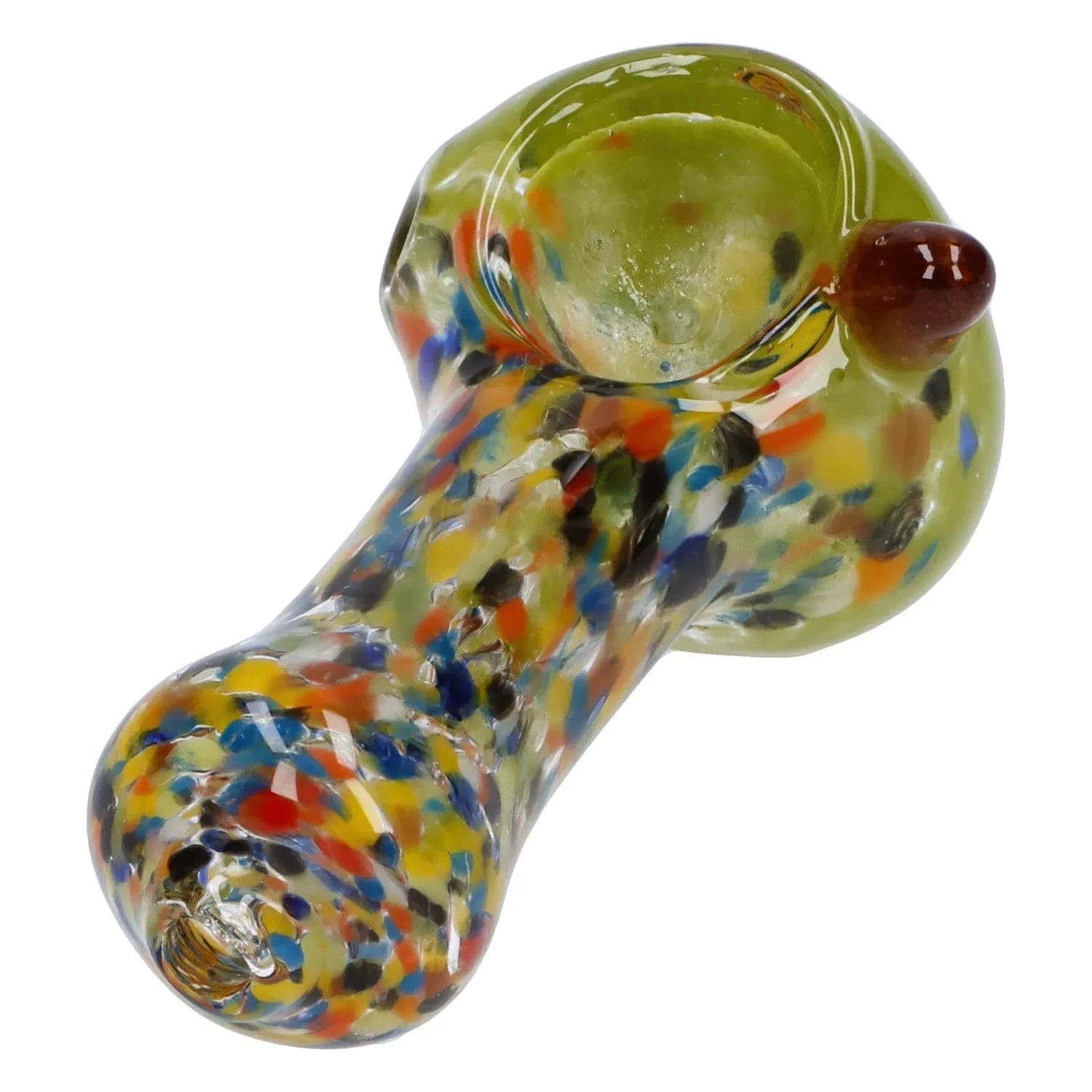 Angled close-up of a green, multicolored speckled Multi Frit Pipe - 2.5 in showing the bowl, rounded mouthpiece, and glossy surface reflections
