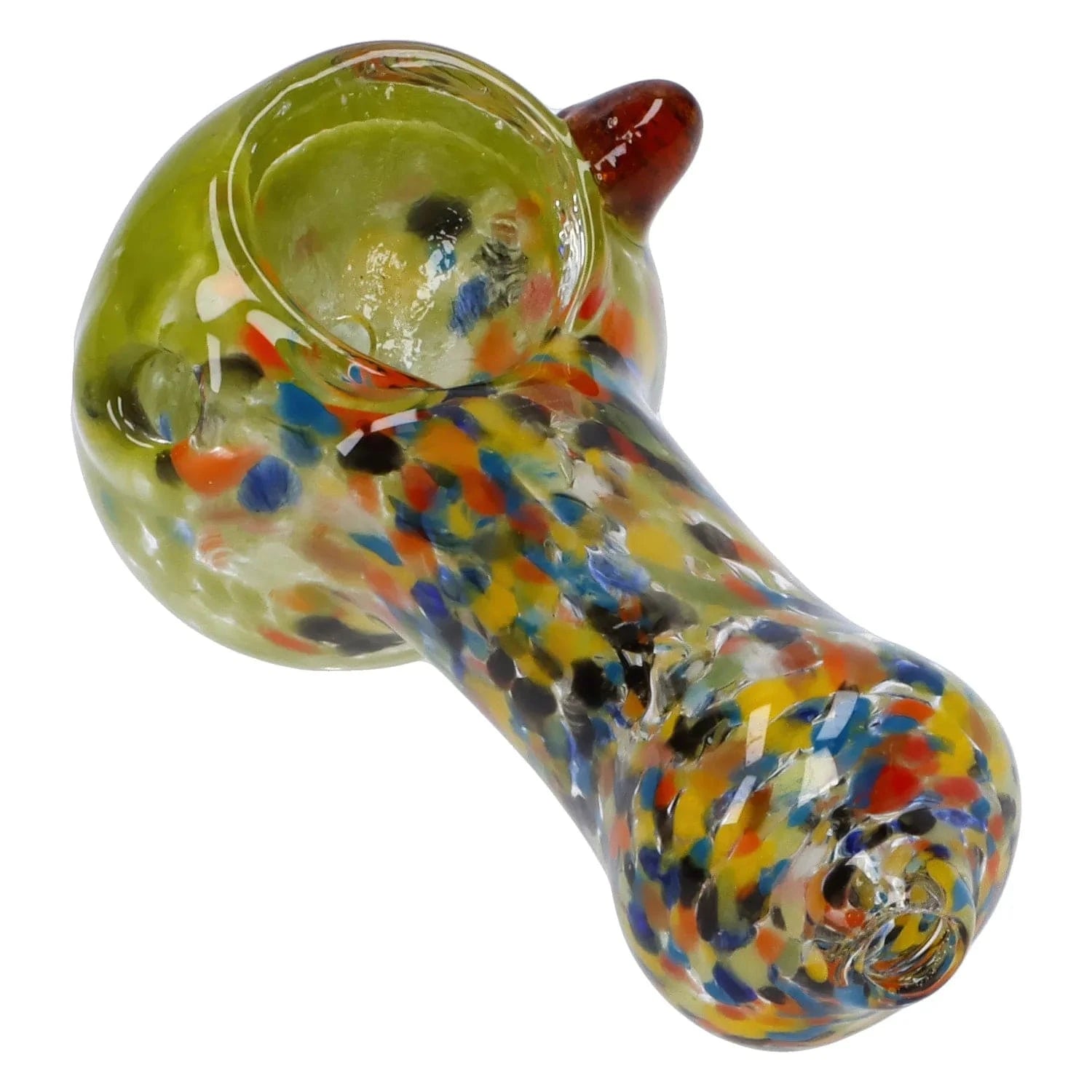 Top-down close-up of the Multi Frit Pipe - 2.5 in showing a rounded green bowl and multicolored frit pattern along the curved glass body.