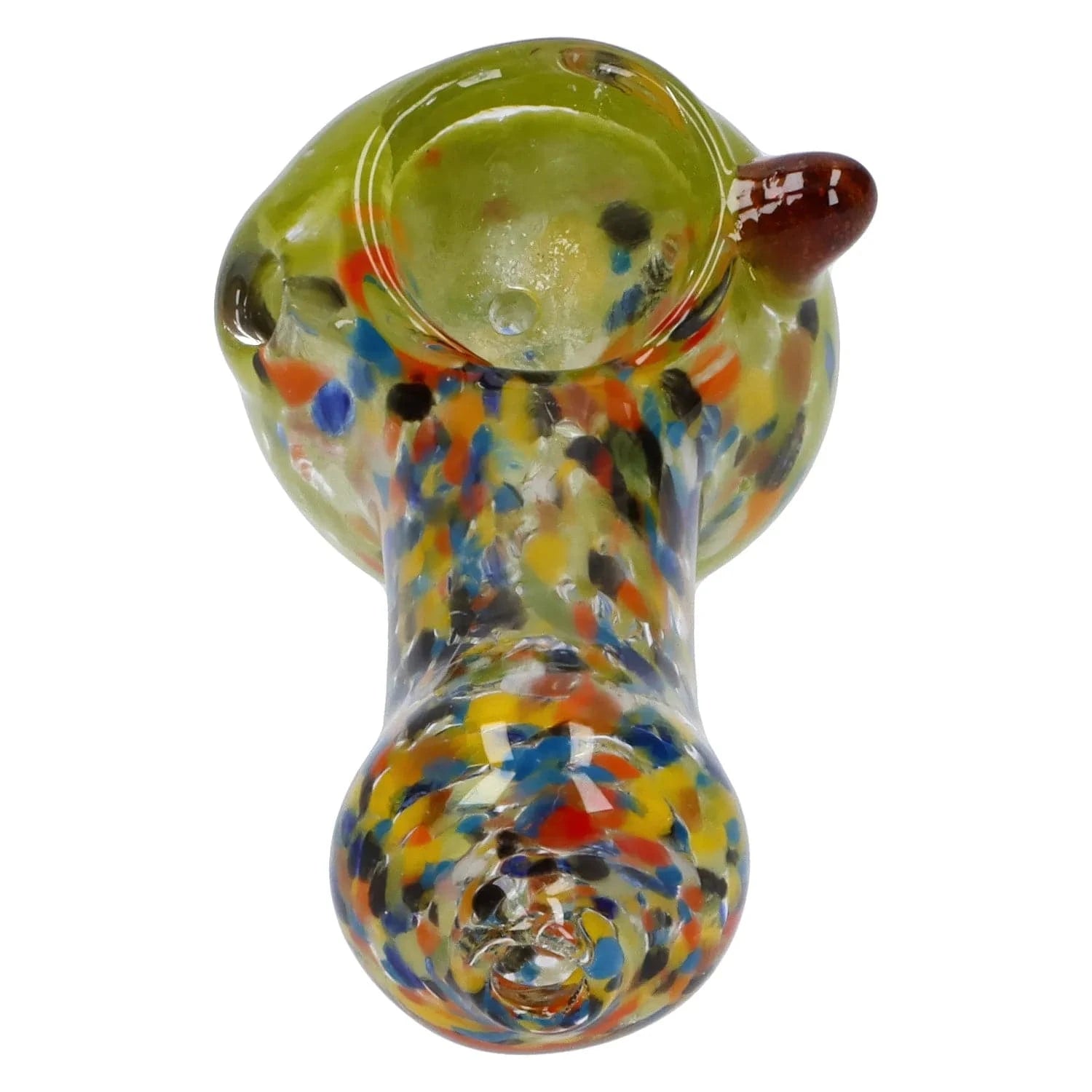 Top-down view of the colorful, confetti-patterned Multi Frit Pipe - 2.5 in showing its rounded bowl, carb hole, and bulbous mouthpiece.