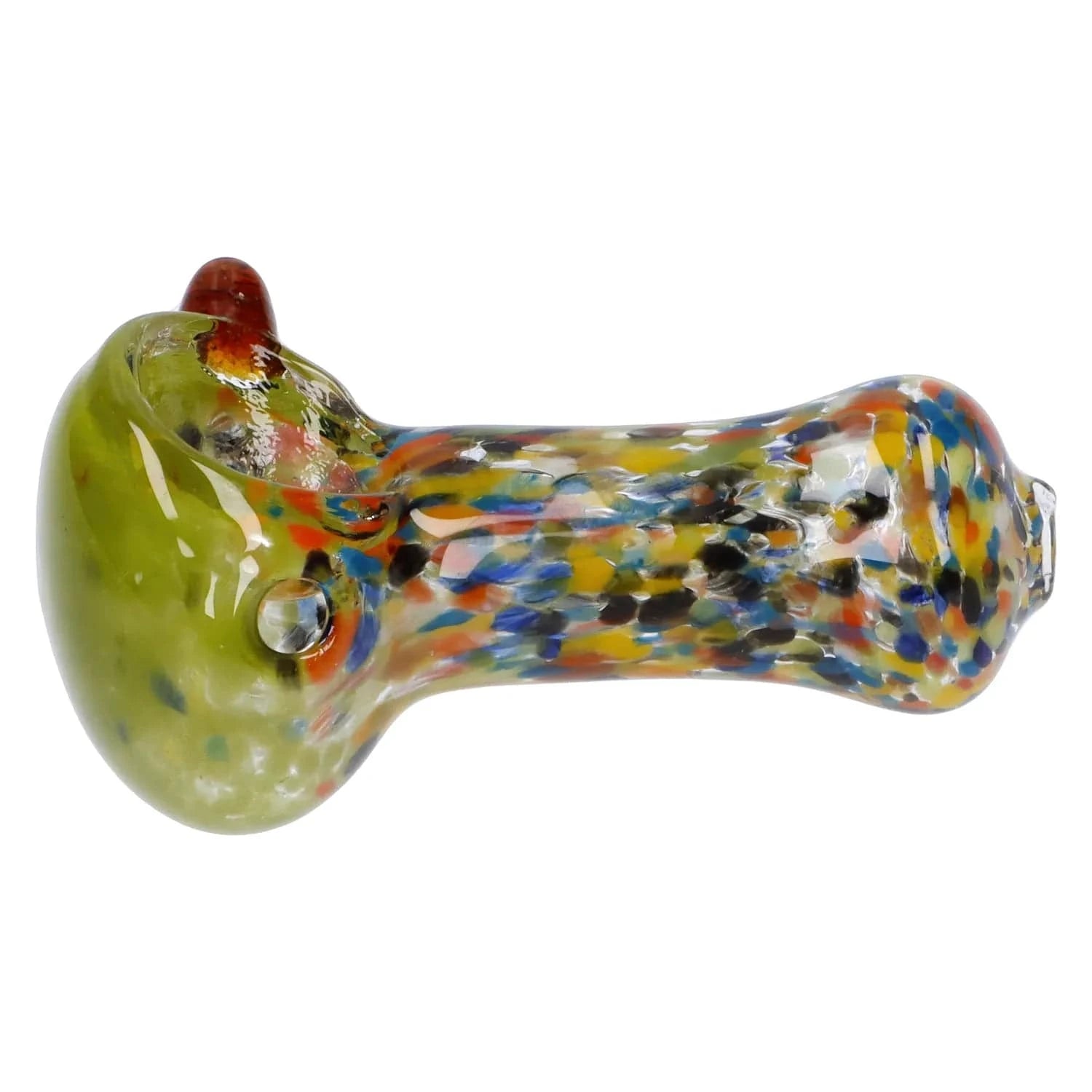 Close-up side view of the Multi Frit Pipe - 2.5 in showing its mottled multicolored glass bowl and speckled stem against a white background.