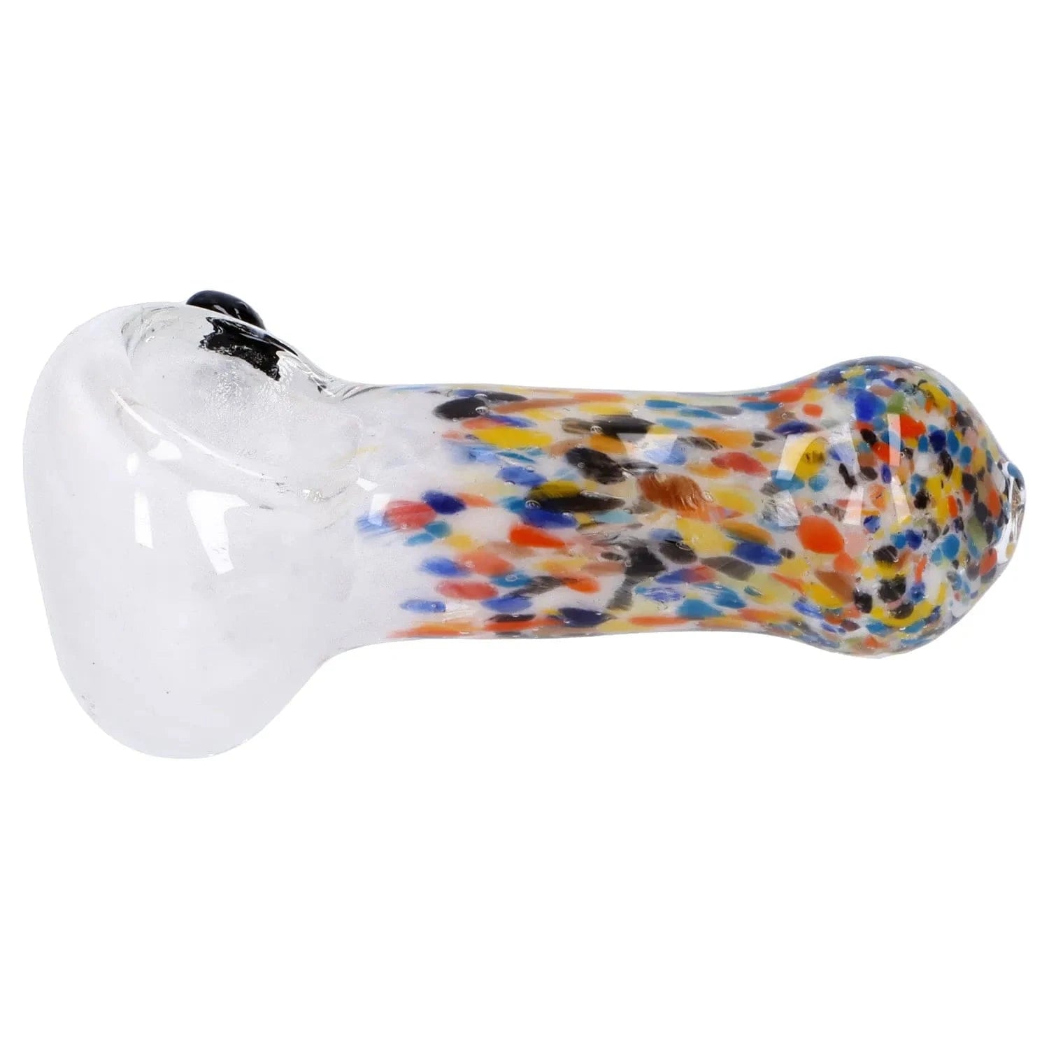 Side view of the Multi Frit Pipe - 2.5 in showing a clear glass bowl tapering into a rounded handle densely speckled with colorful frit.