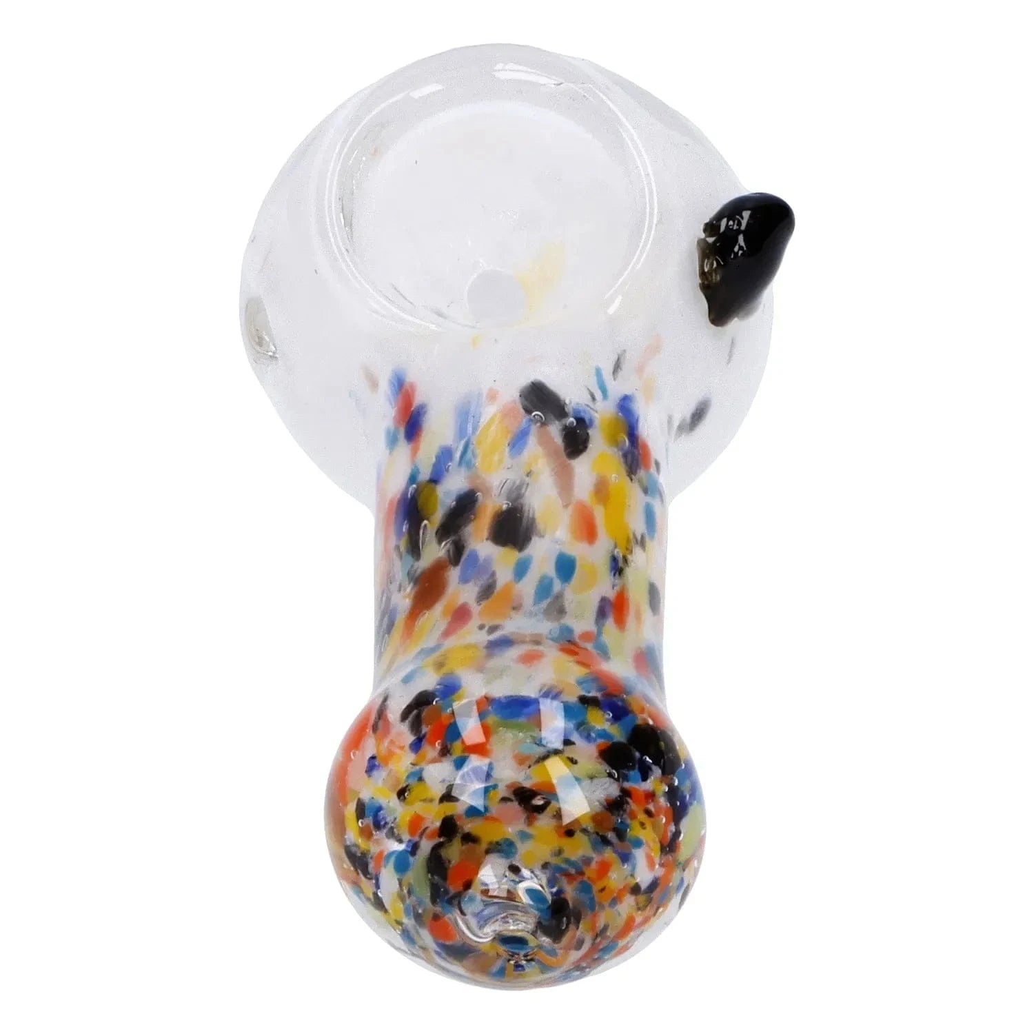 Top-down close-up of the Multi Frit Pipe - 2.5 in showing a clear bowl and multicolored speckled glass body with a small black carb.