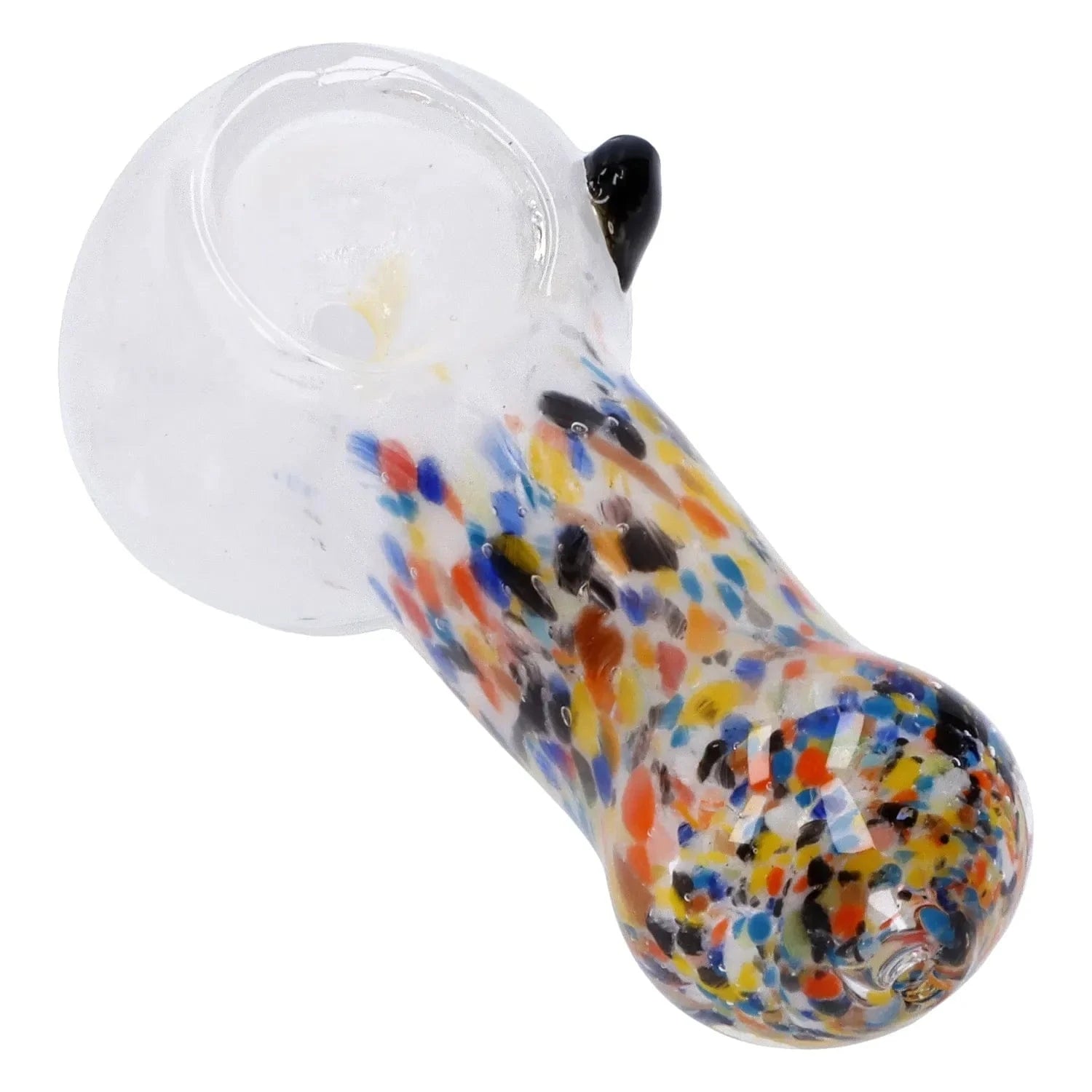 Angled close-up of the speckled glass bowl and neck of the Multi Frit Pipe - 2.5 in against a white background.