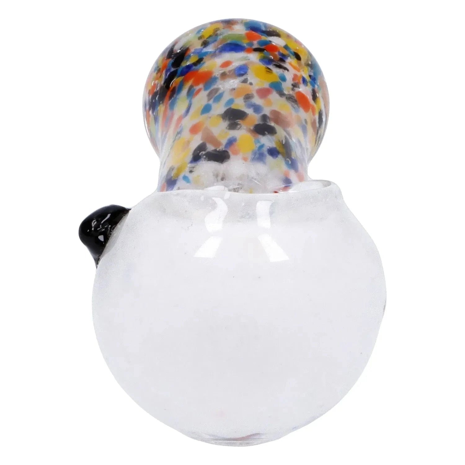 Top-down close-up of the Multi Frit Pipe - 2.5 in showing a white rounded bowl and a multicolored frit-patterned neck against a white background