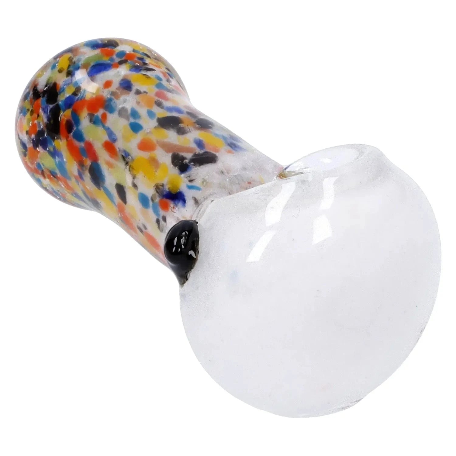 Angled close-up of the Multi Frit Pipe - 2.5 in showing its speckled multicolor frit pattern on the bulbous glass body and a clear rounded mouthpiece.