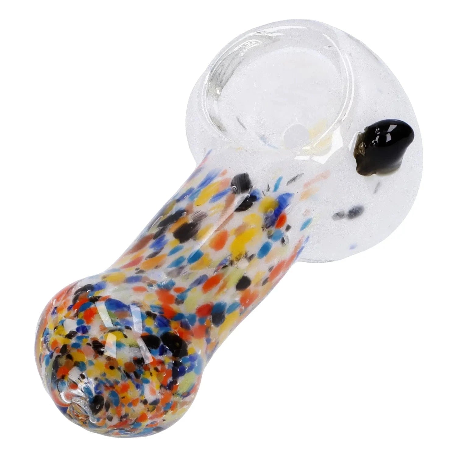 Close-up angled view of the colorful, confetti-speckled Multi Frit Pipe - 2.5 in showing its rounded bowl and clear glass rim.