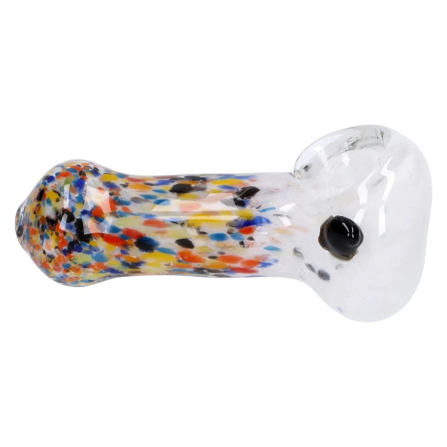 Side view of the Multi Frit Pipe - 2.5 in showing a clear glass spoon with multicolored frit speckles along the stem and a rounded bowl with a black carb.