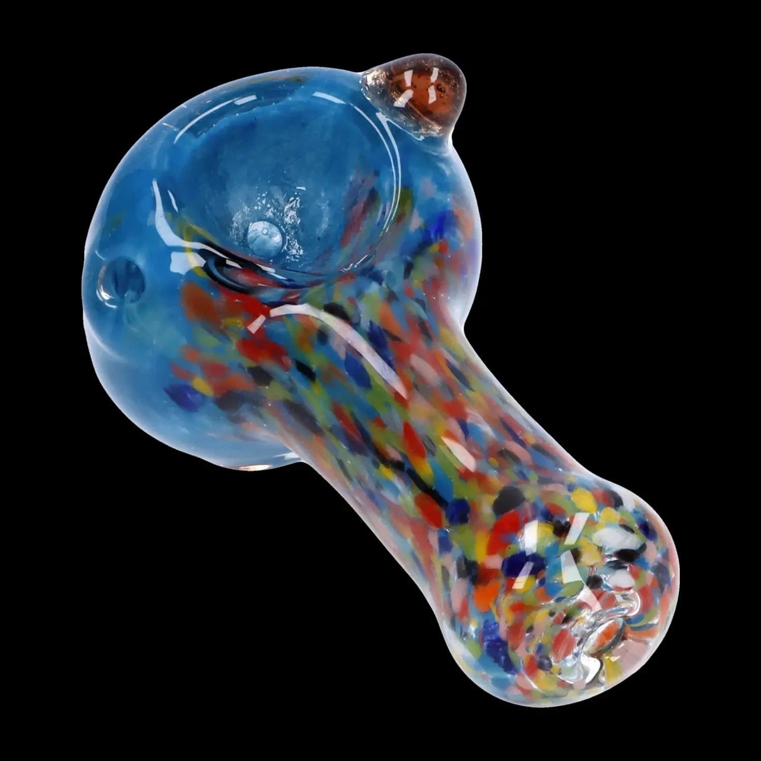 Close-up angled view of a blue, multicolored glass bowl in the Multi Frit Pipe - 2.5 in against a black background