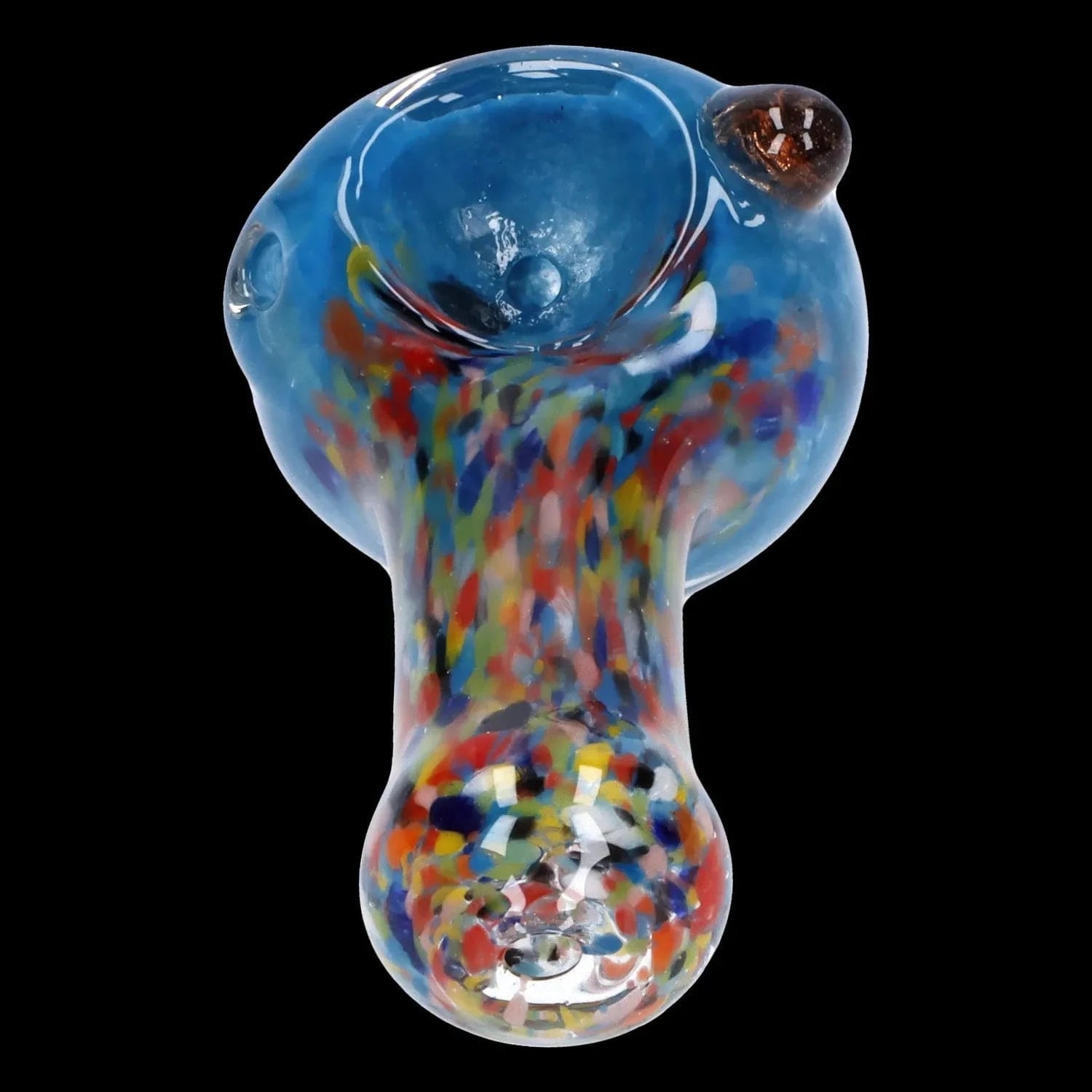 Close-up front view of the Multi Frit Pipe - 2.5 in showing a blue bowl and multicolored confetti-like frit pattern along the stem against a black background.