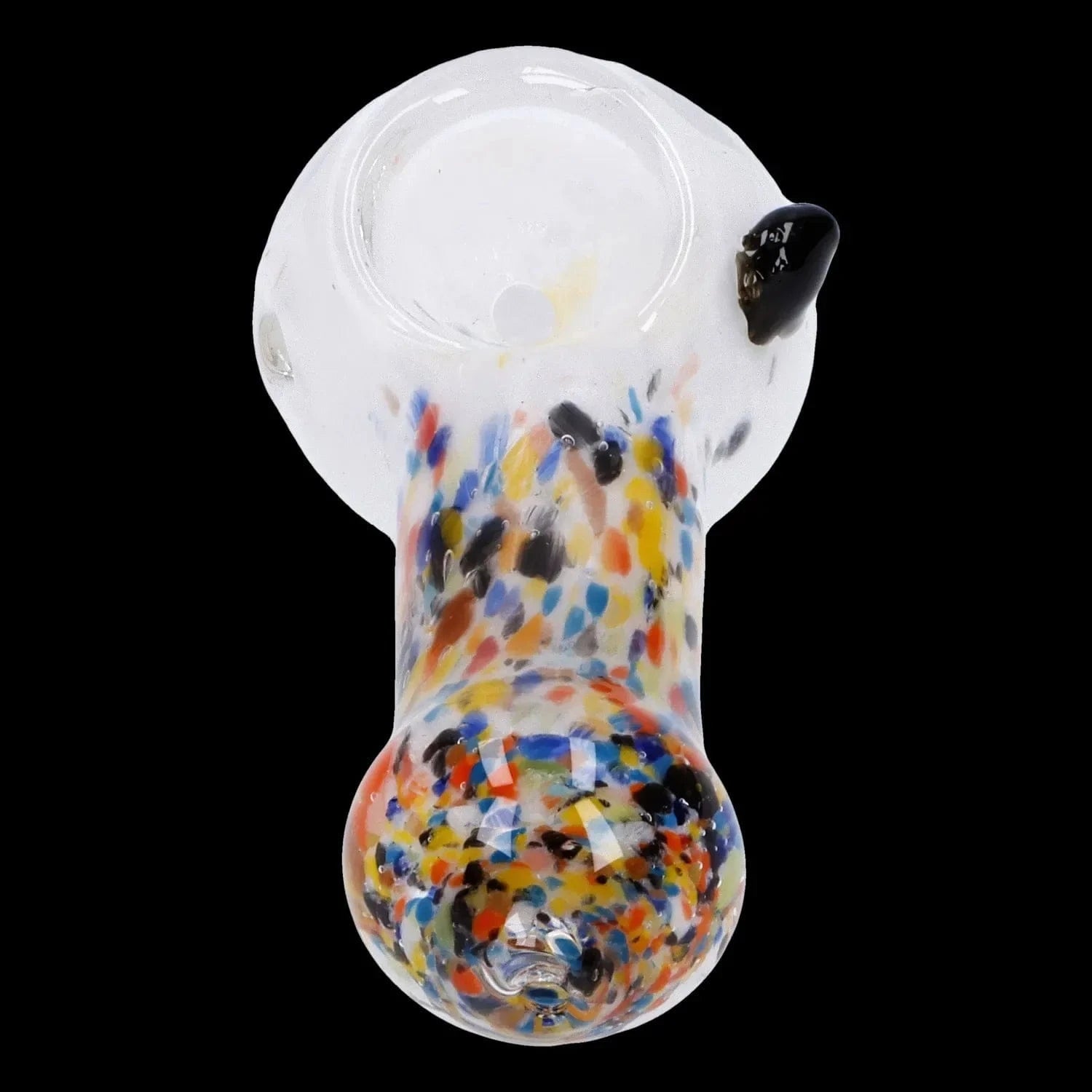 Top-down close-up of the colorful glass bowl of the Multi Frit Pipe - 2.5 in against a black background.