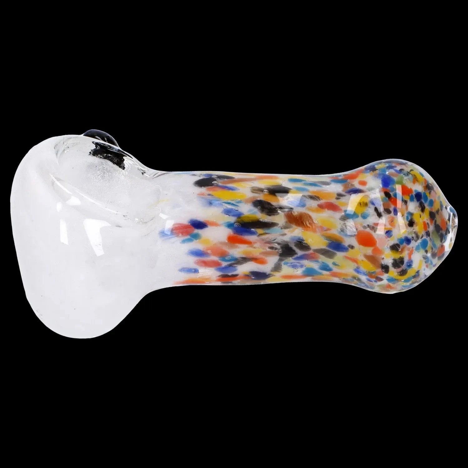 Side view of the Multi Frit Pipe - 2.5 in showing a clear glass bowl and a freckled, multicolored stem against black.
