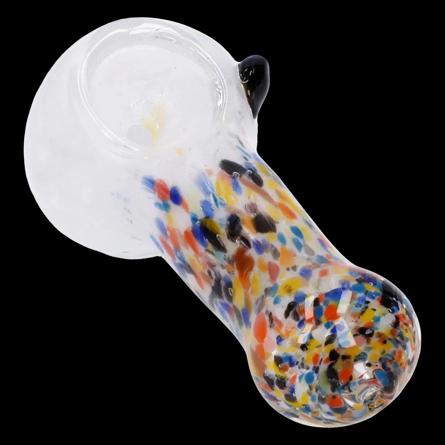 Angled close-up of the Multi Frit Pipe - 2.5 in showing a white bowl and multicolored frit speckles along the curved glass body against a black background