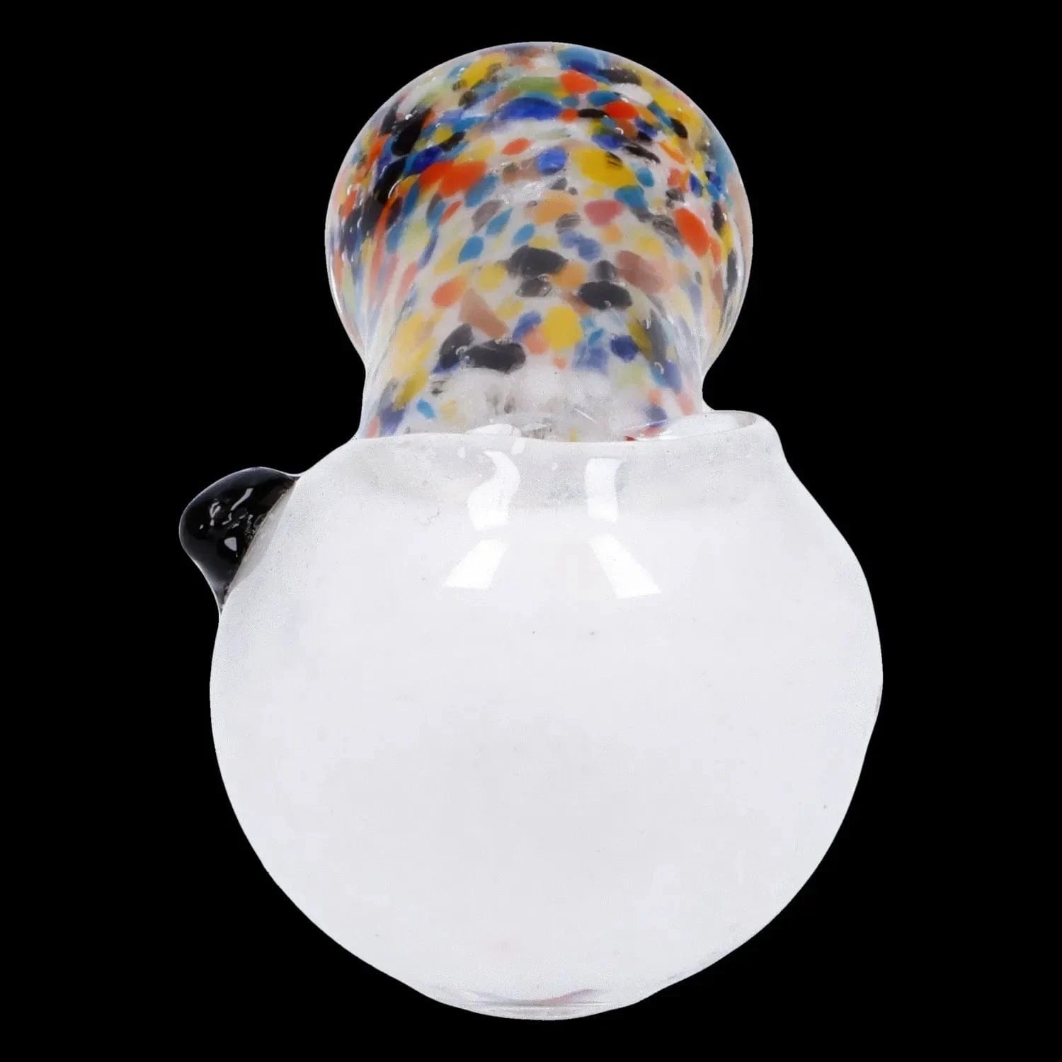 Close-up front view of the Multi Frit Pipe - 2.5 in showing a white glass body and a multicolored frit-patterned mouthpiece against a black background
