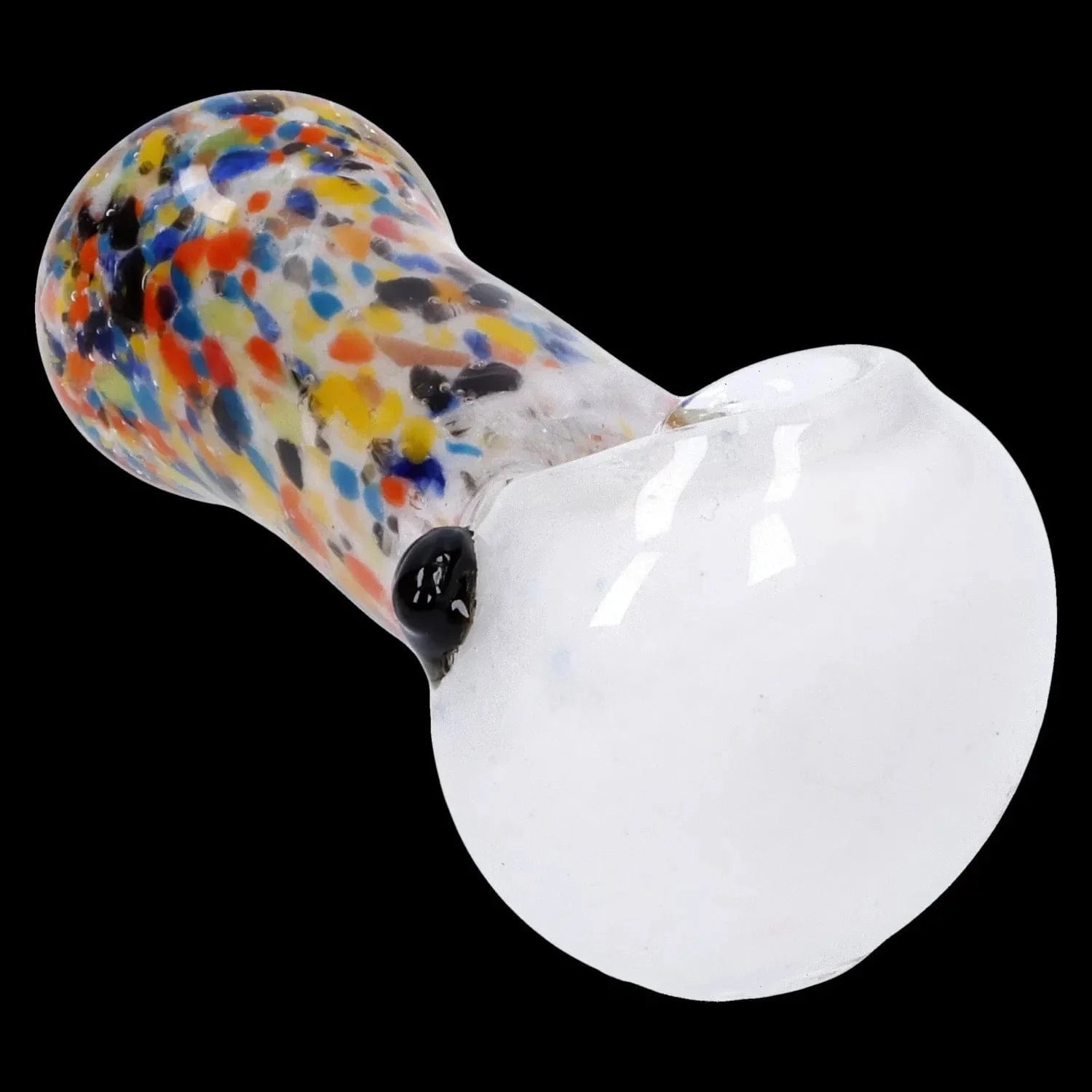 Angled close-up of the Multi Frit Pipe - 2.5 in showing its speckled multicolor frit bulb and glossy white bowl against a black background.