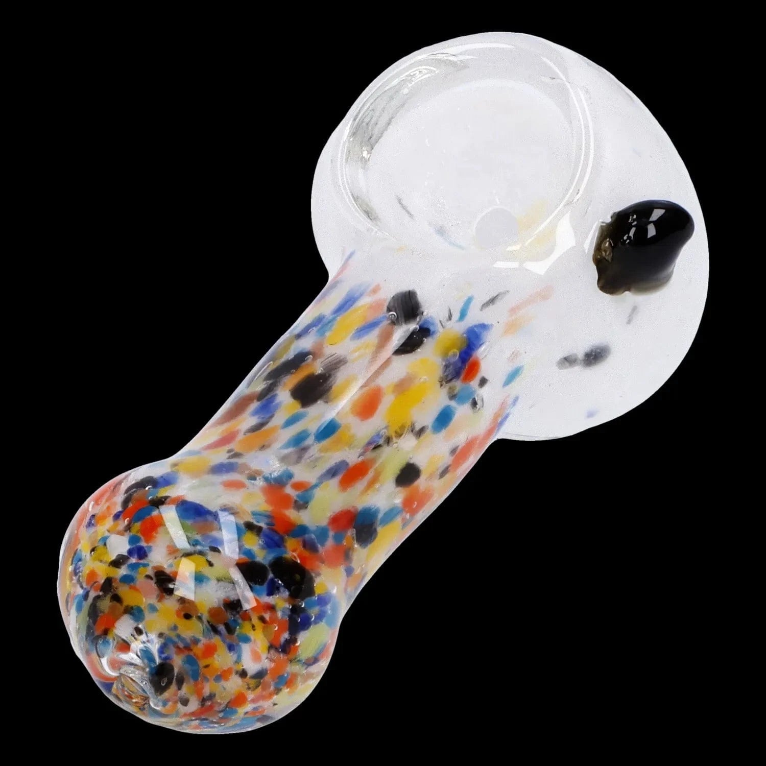 Angled close-up of the Multi Frit Pipe - 2.5 in showing its white glass bowl and multicolored frit-speckled stem against a black background