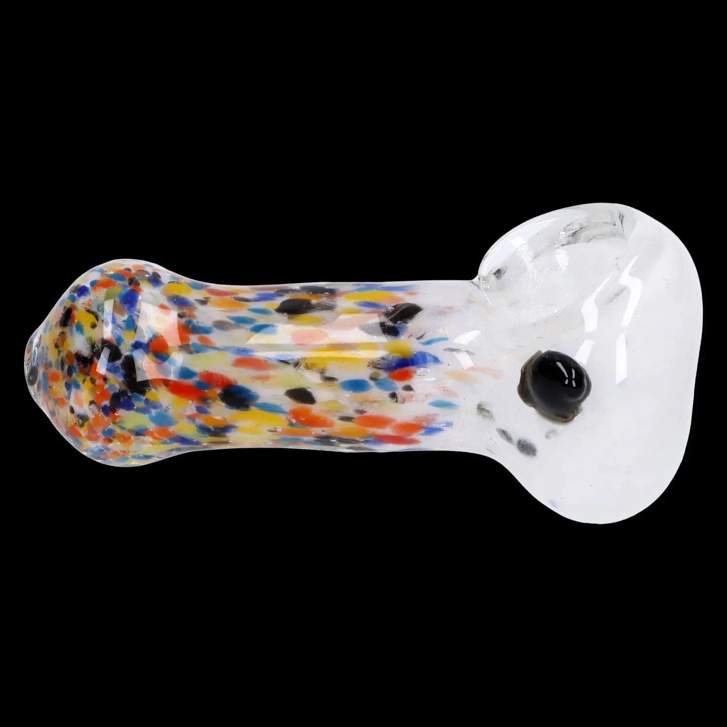 Close-up side view of the Multi Frit Pipe - 2.5 in showing a clear glass spoon shape with dense multicolored frit speckles.
