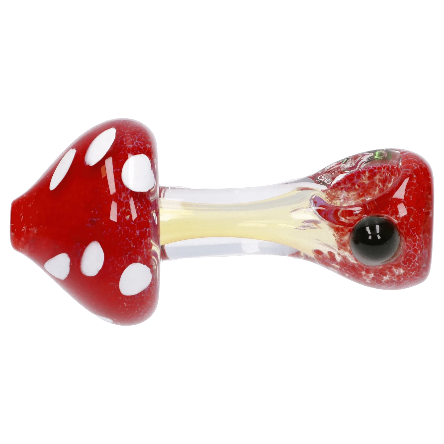 Side view of the Mushroom Frit Spoon Pipe - 4.5 in showing a red mushroom-shaped bowl with white spots and a clear yellowish stem.