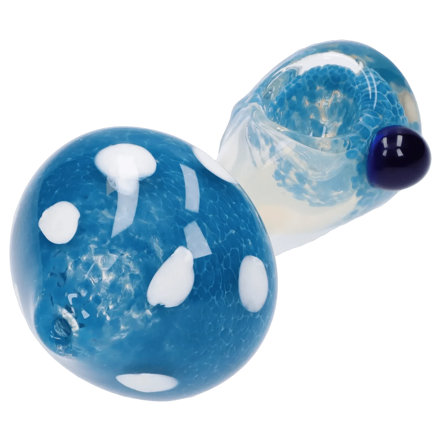 Close-up angled view of the Mushroom Frit Spoon Pipe - 4.5 in showing glossy blue glass with white spots and a rounded bowl with a dark blue carb.