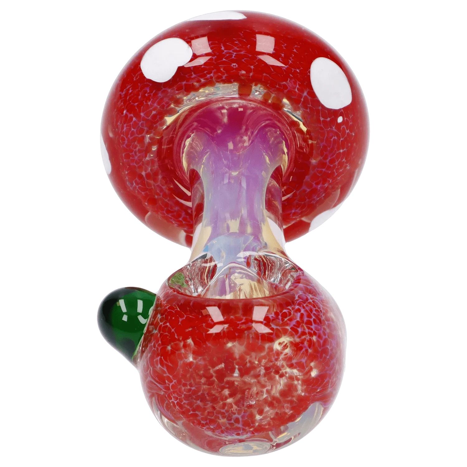 Close-up top-down view of the Mushroom Frit Spoon Pipe - 4.5 in showing a red, white-spotted mushroom cap design and iridescent stem.