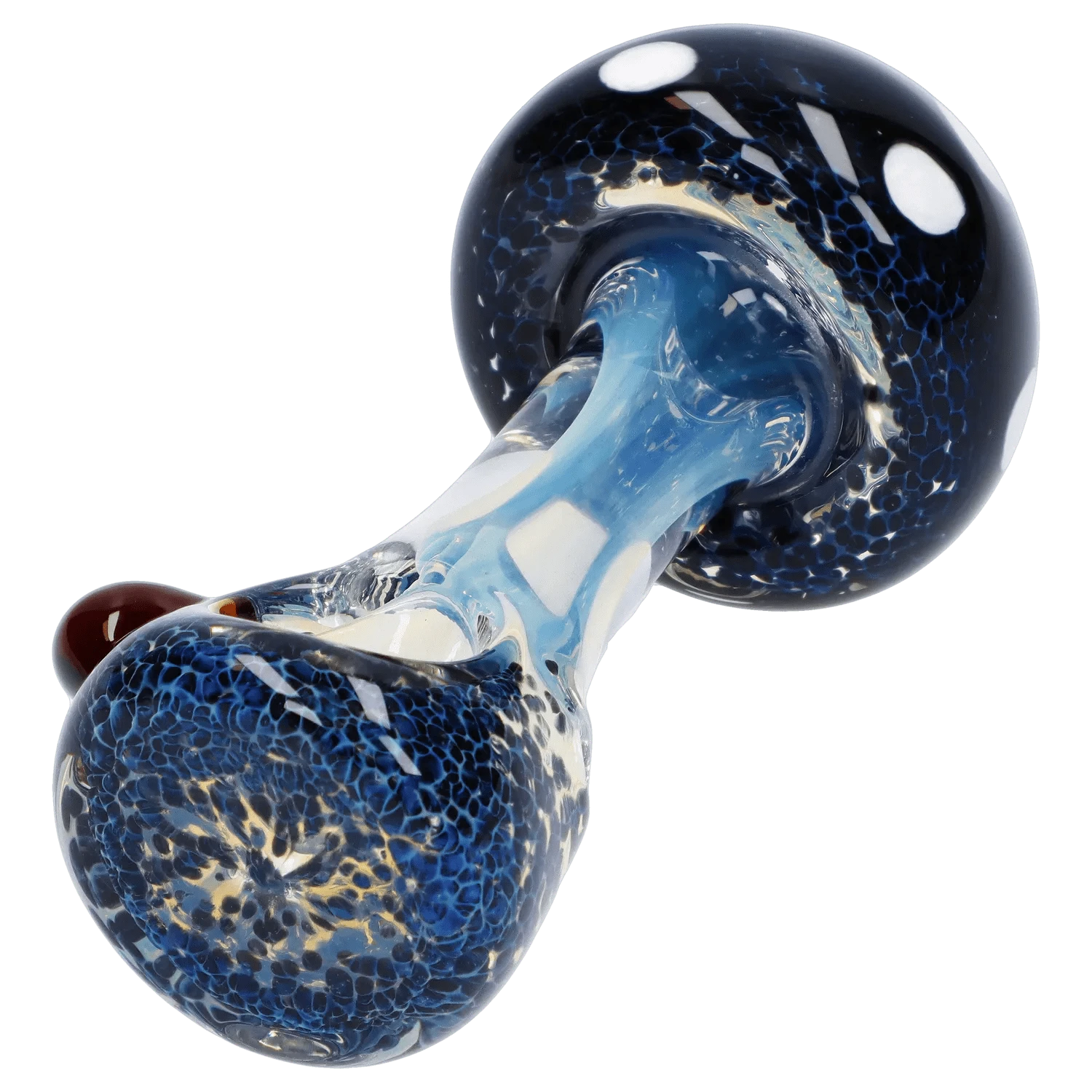 Angled close-up of the Mushroom Frit Spoon Pipe - 4.5 in showing its blue fritted bowl and glossy swirled glass stem.