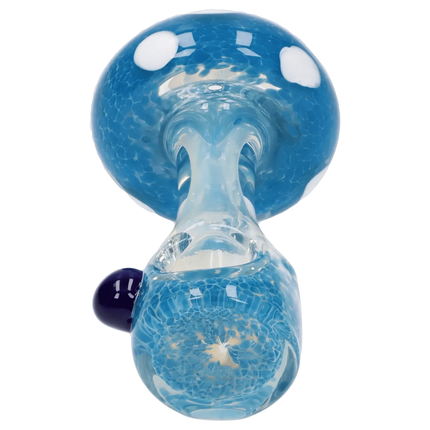 Top-down close-up of the Mushroom Frit Spoon Pipe - 4.5 in showing its blue fritted glass bowl, clear neck, and white dot accents.