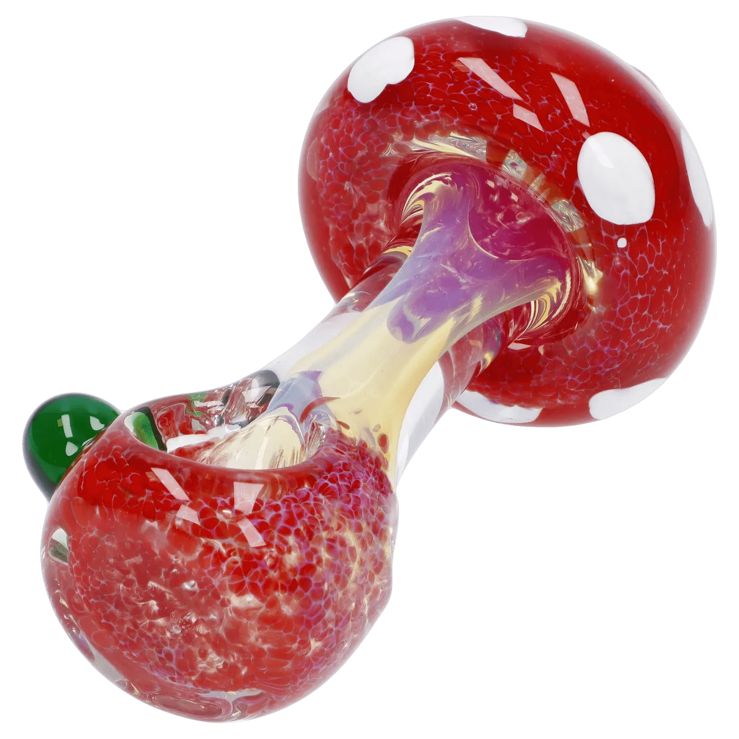 Angled close-up of the Mushroom Frit Spoon Pipe - 4.5 in showing a red, white-spotted mushroom cap bowl and iridescent swirled stem.