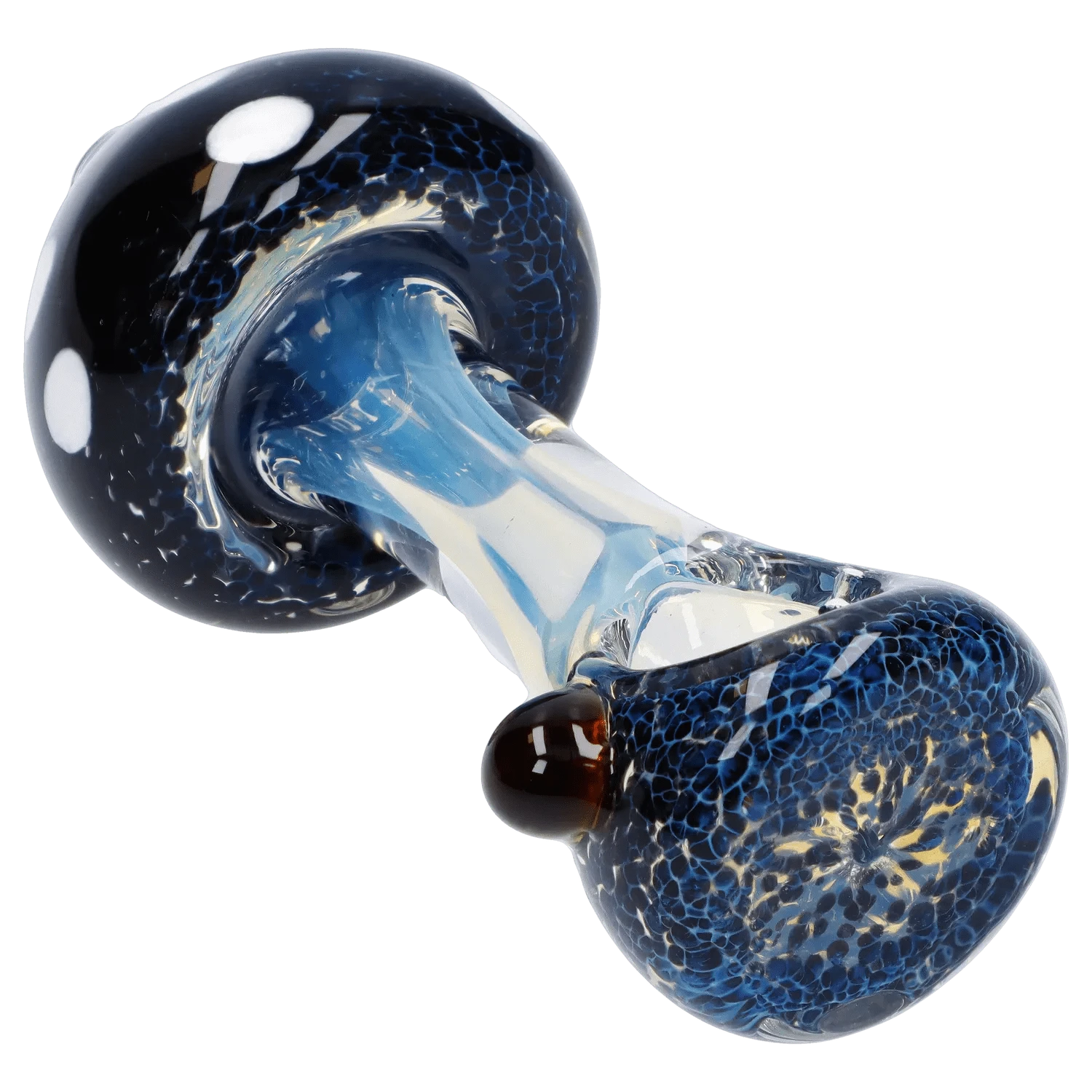 Angled close-up of the Mushroom Frit Spoon Pipe - 4.5 in showing its blue fritted bowl, clear glass neck, and glossy black rim with white dots