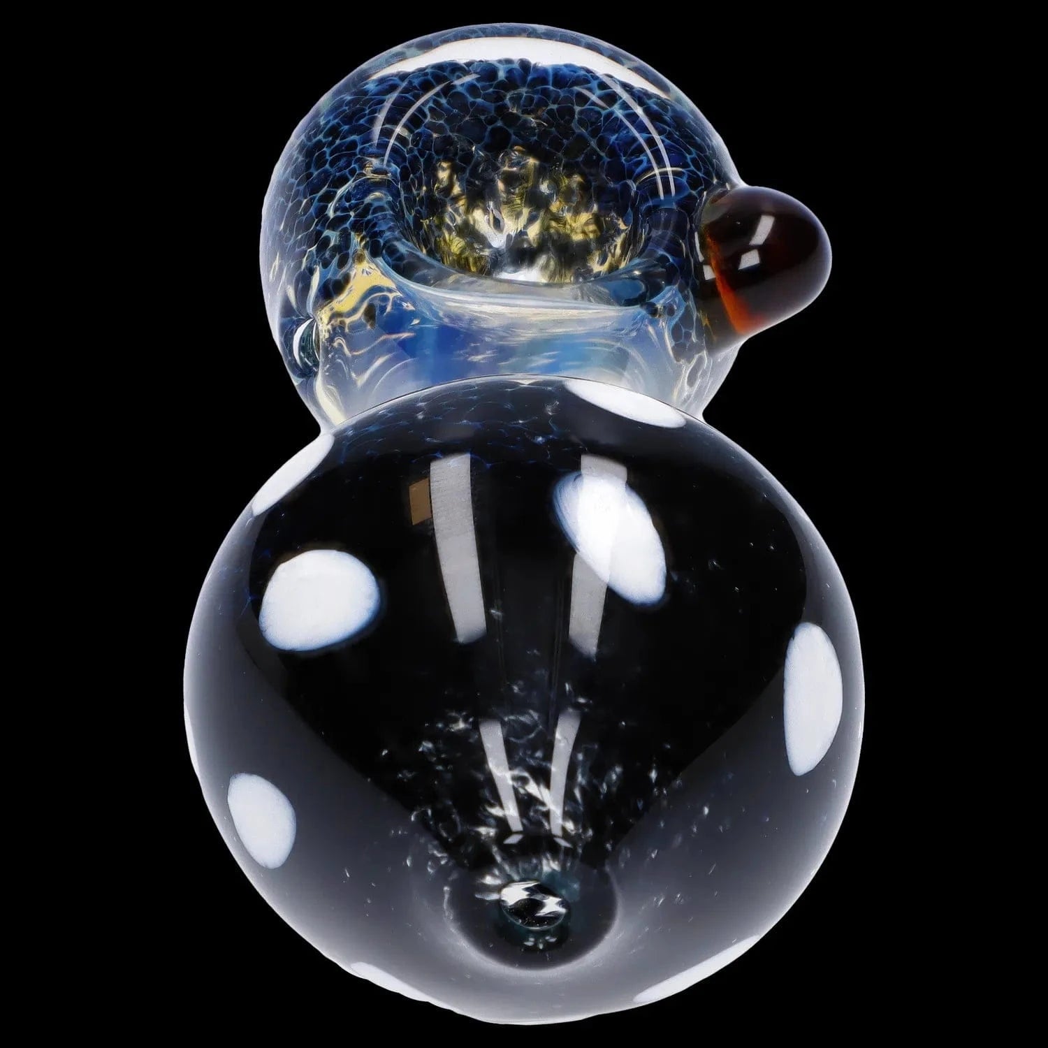 Close-up top view of the Mushroom Frit Spoon Pipe - 4.5 in showing a blue frit bowl, amber accent knob, and glossy black polka-dotted body