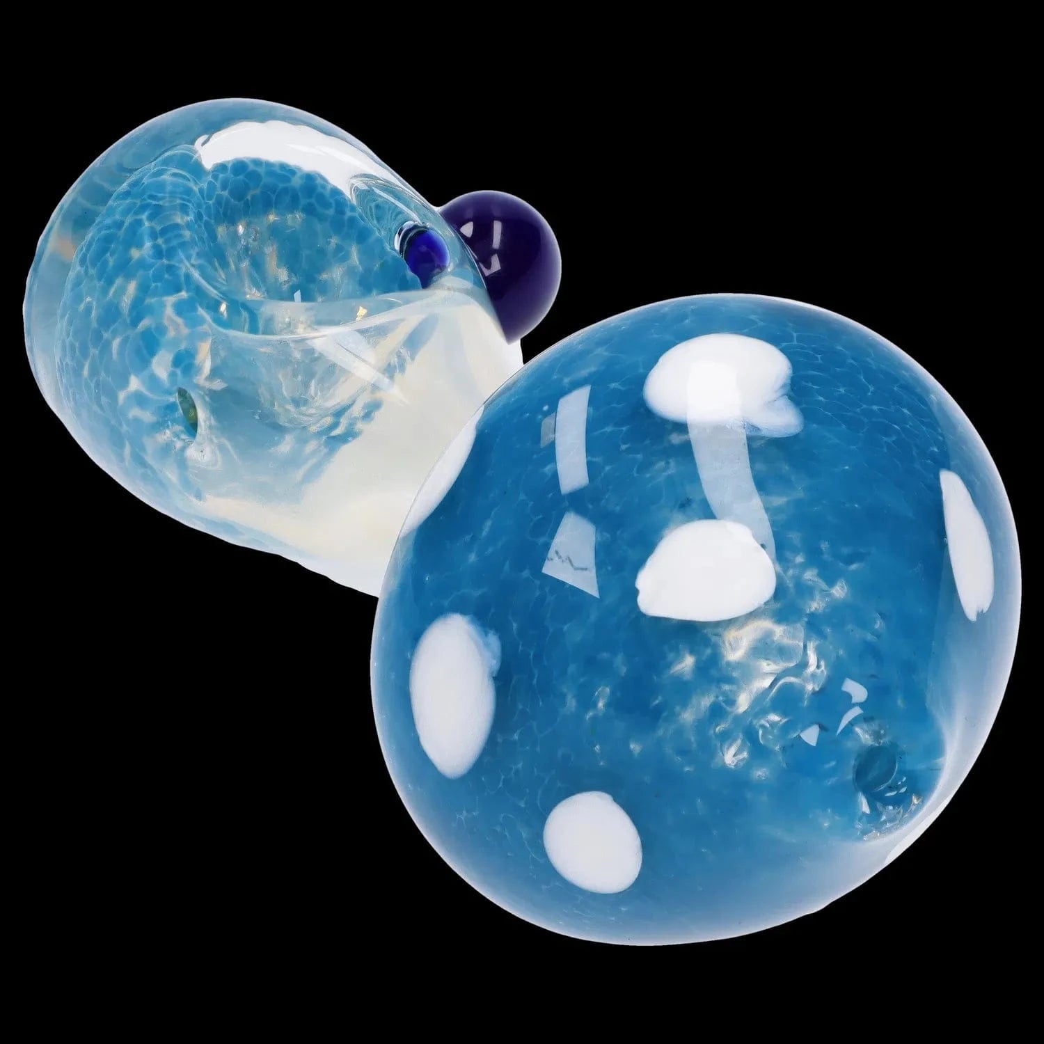 Close-up angled view of the Mushroom Frit Spoon Pipe - 4.5 in showing glossy blue glass with white spots and a rounded bowl against a black background
