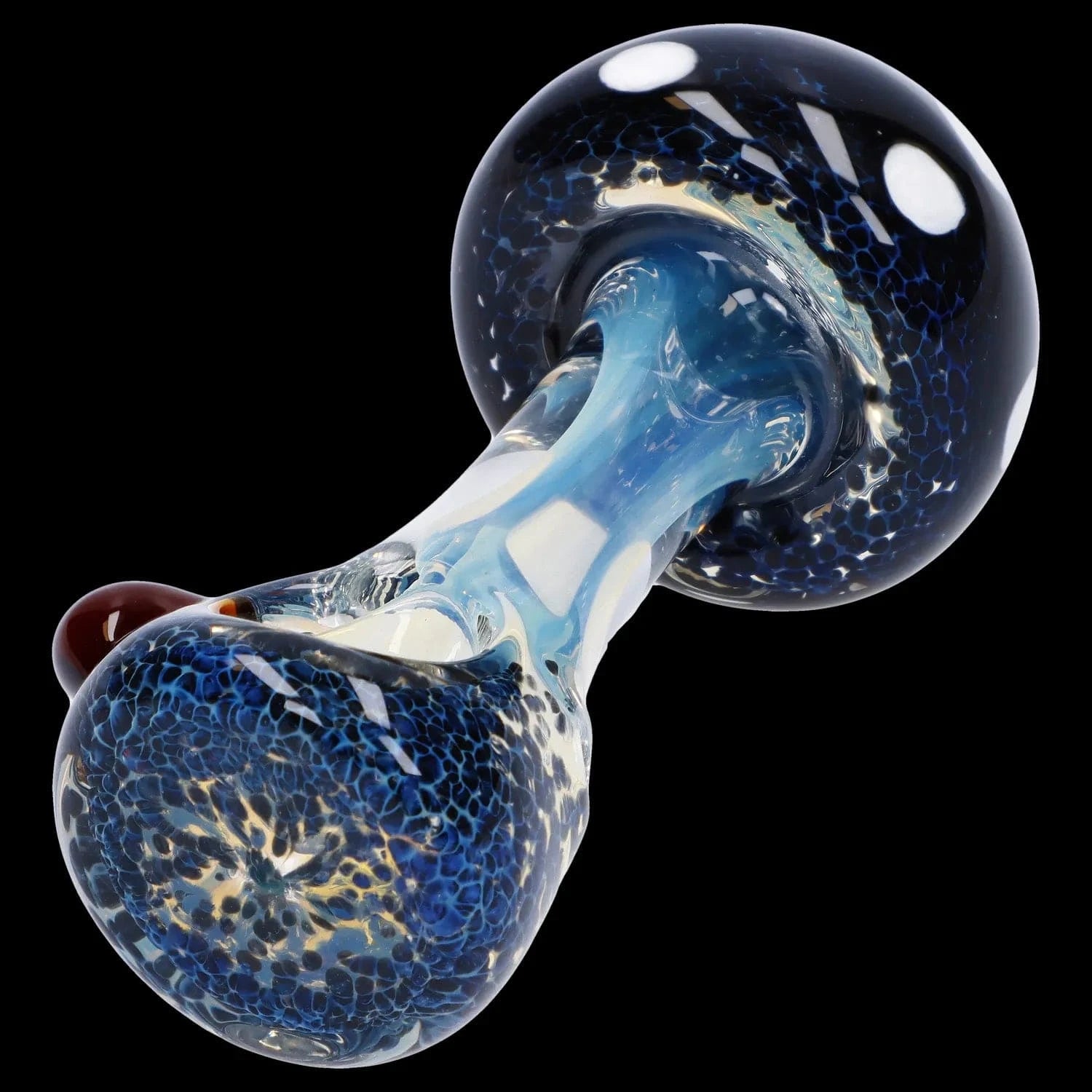 Close-up angled view of the Mushroom Frit Spoon Pipe - 4.5 in showing blue fritted glass bulbs and a swirled translucent stem against a black background