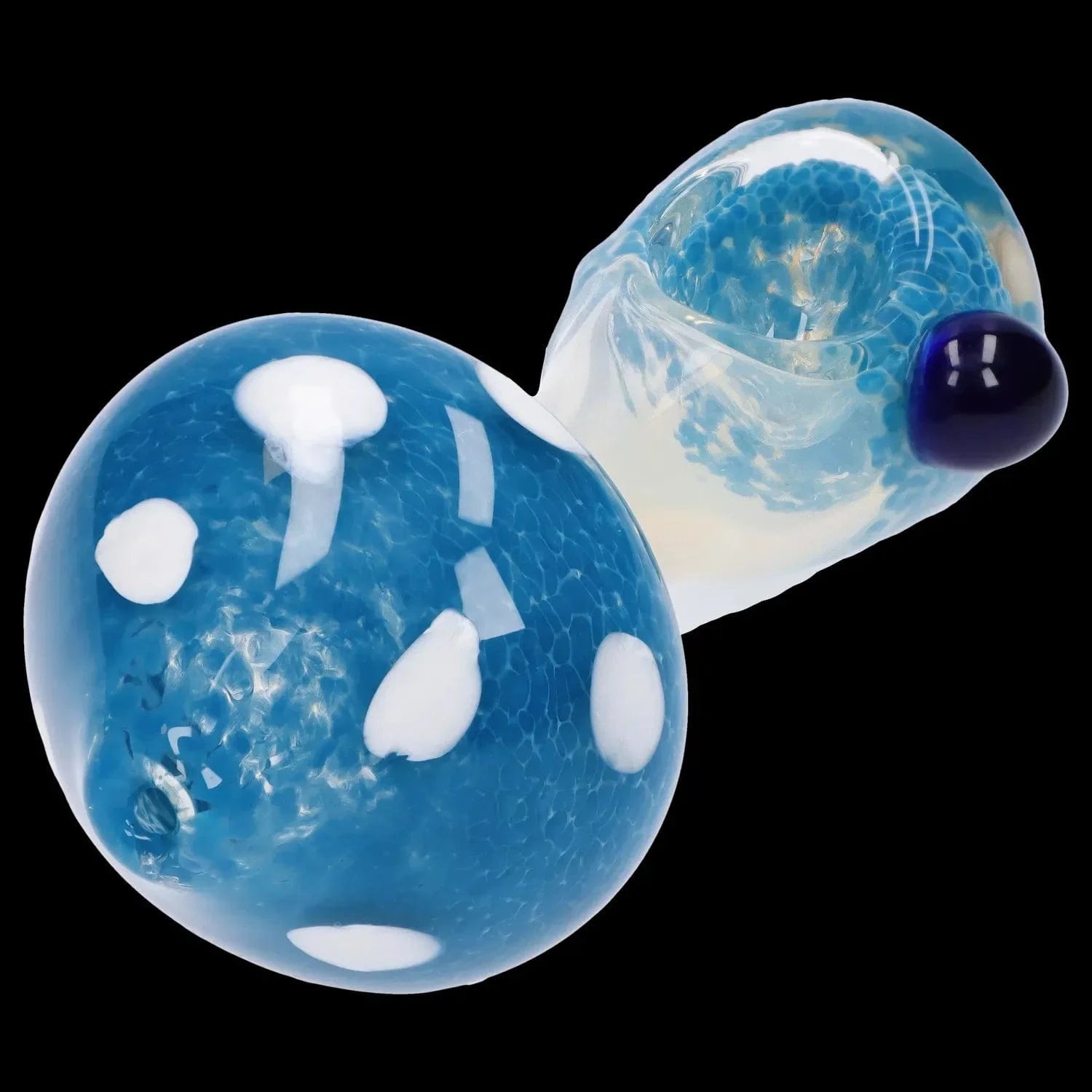 Close-up front angle of the Mushroom Frit Spoon Pipe - 4.5 in showing blue, textured mushroom-cap patterns with white spots and a dark blue carb on a black background