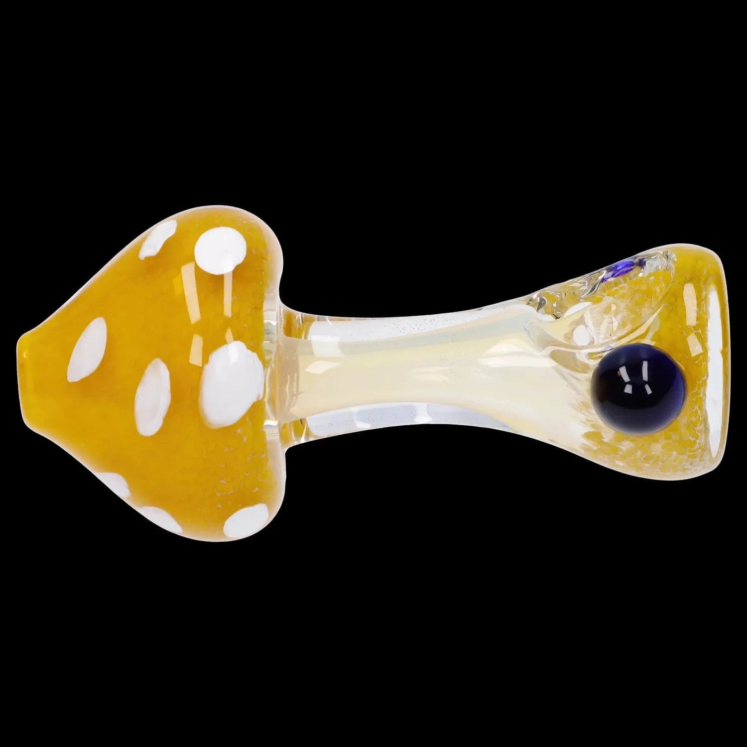 Top-down close-up of the Mushroom Frit Spoon Pipe - 4.5 in showing its yellow spotted mushroom bowl and clear neck on black.