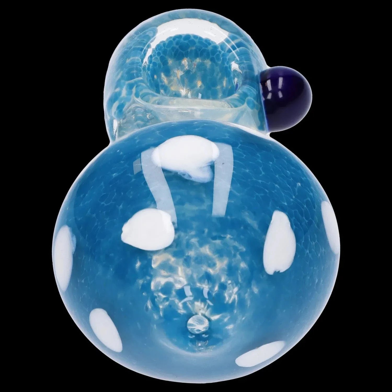 Top-down close-up of the blue Mushroom Frit Spoon Pipe - 4.5 in showing a round bowl with white spots and a small dark purple carb on a black background