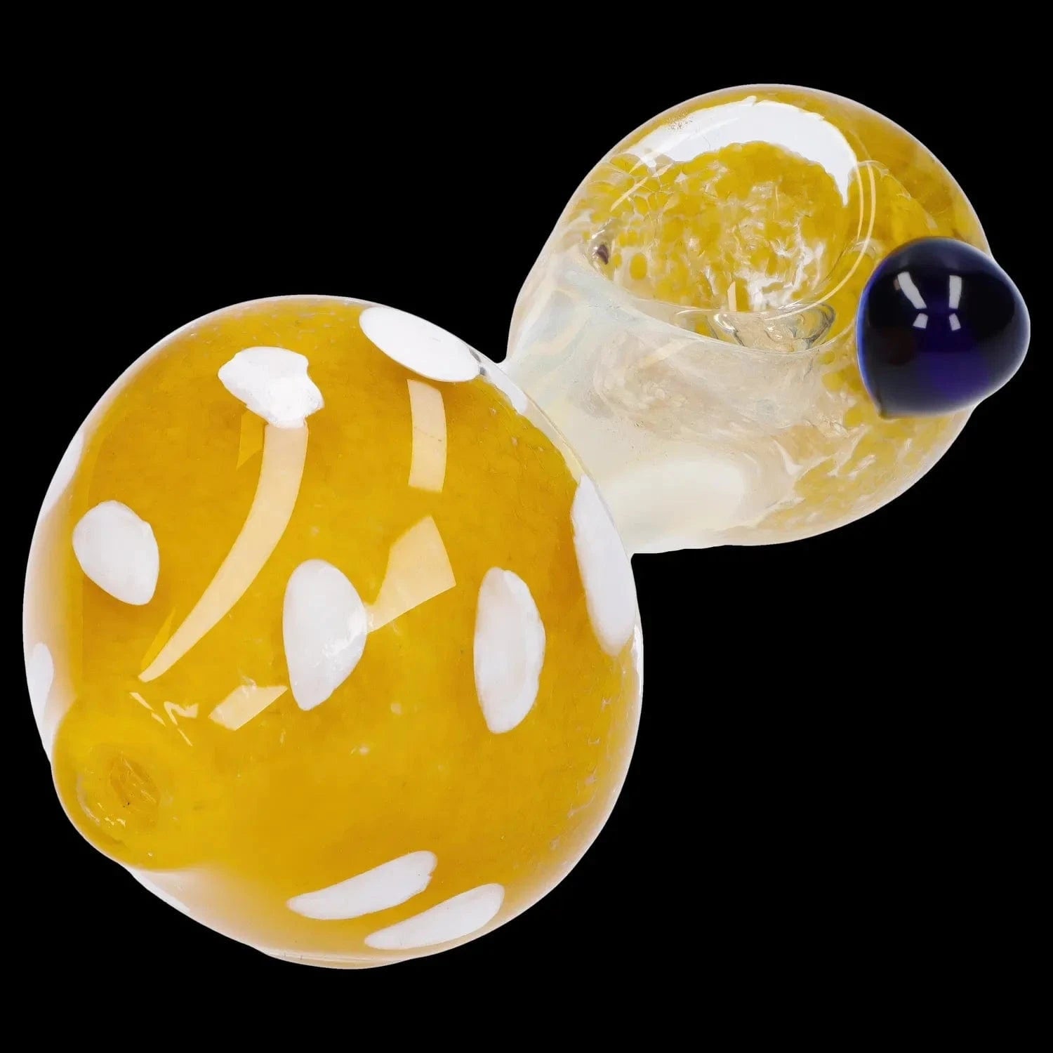 Close-up angled view of the Mushroom Frit Spoon Pipe - 4.5 in showing its yellow glass mushroom-shaped bowl with white spots and a dark blue glass accent against a black background