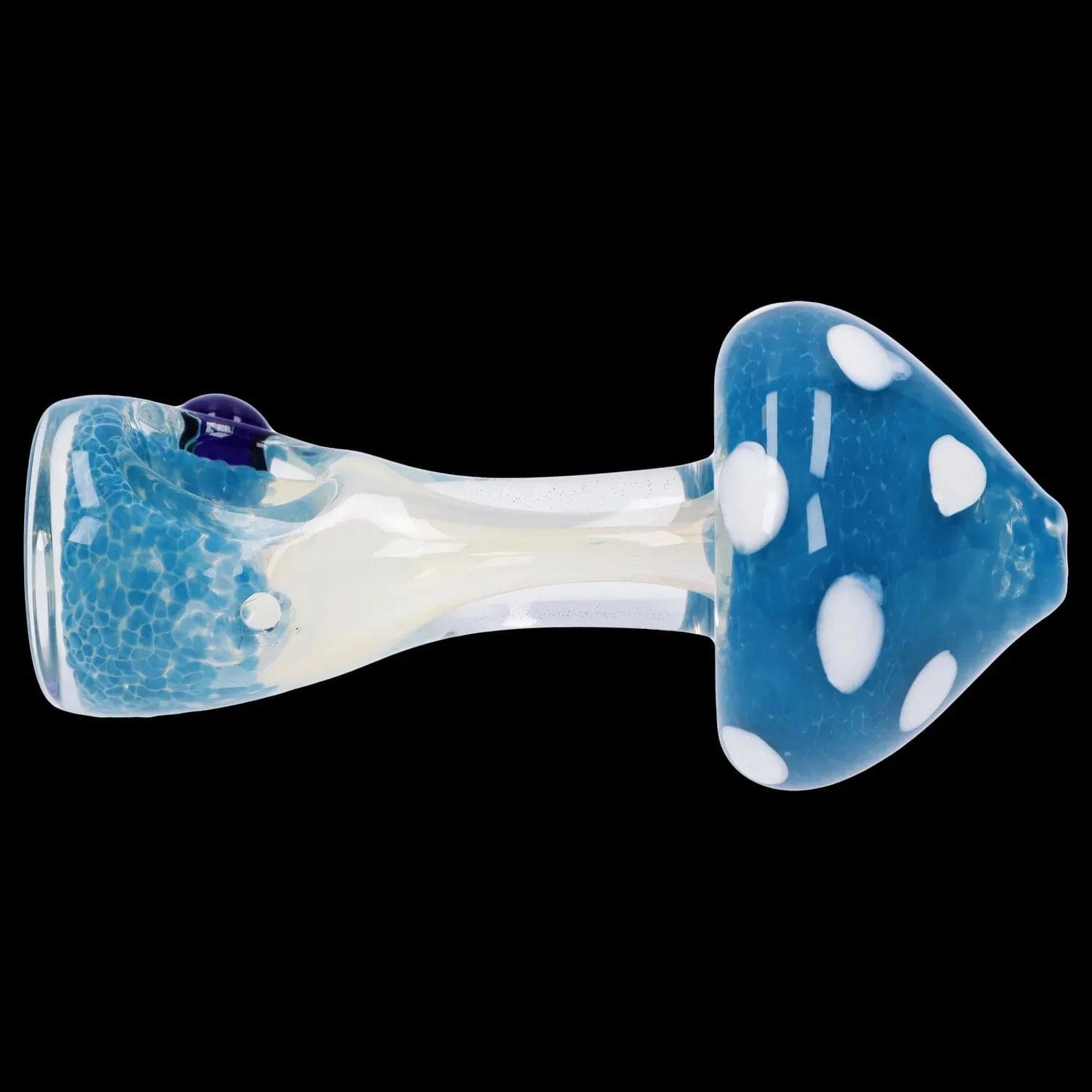 Side view of the Mushroom Frit Spoon Pipe - 4.5 in showing its blue mushroom cap with white spots and a translucent, frit-textured stem against a black background