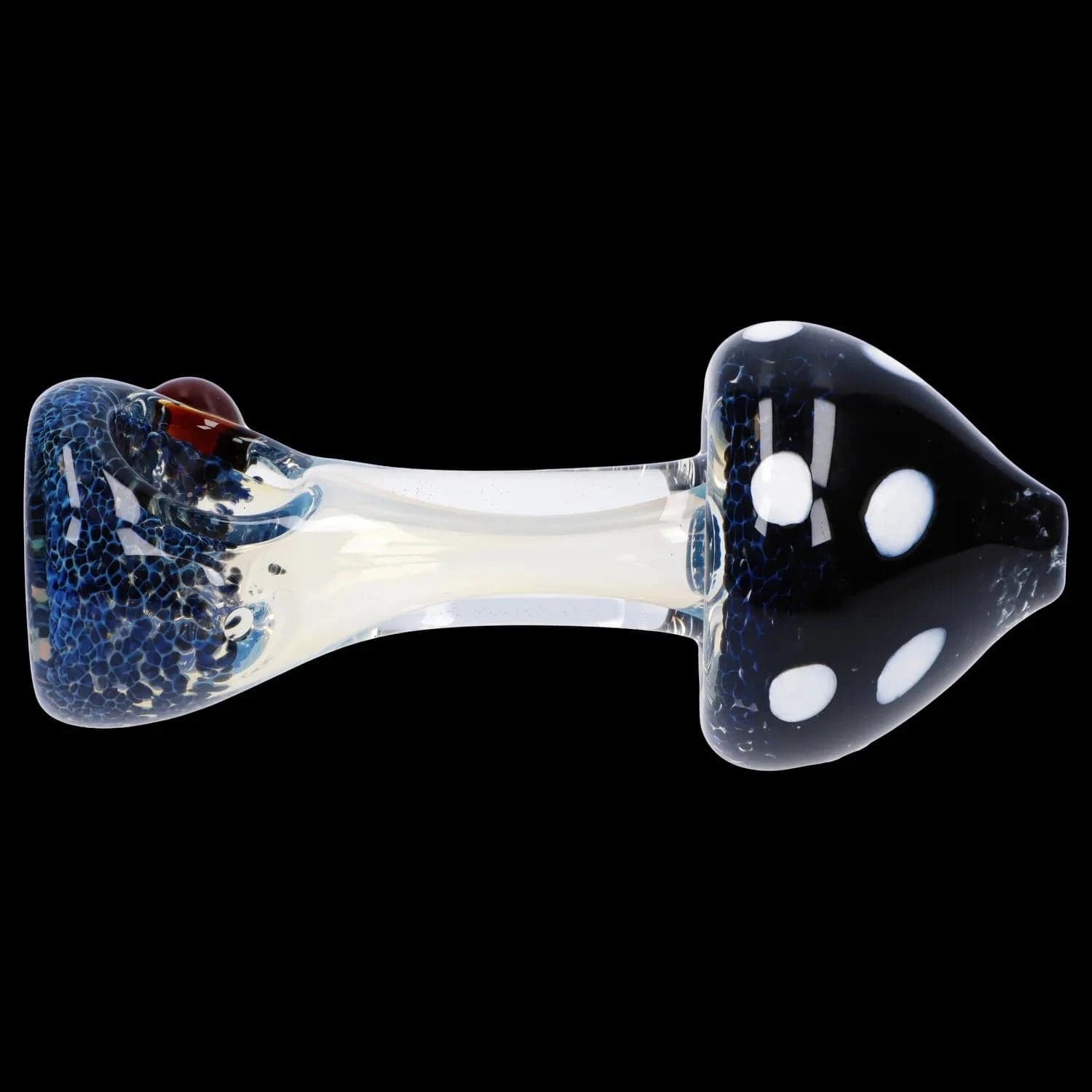 Side view of the Mushroom Frit Spoon Pipe - 4.5 in showing the clear glass stem with blue fritted ends and white dot pattern on a black background