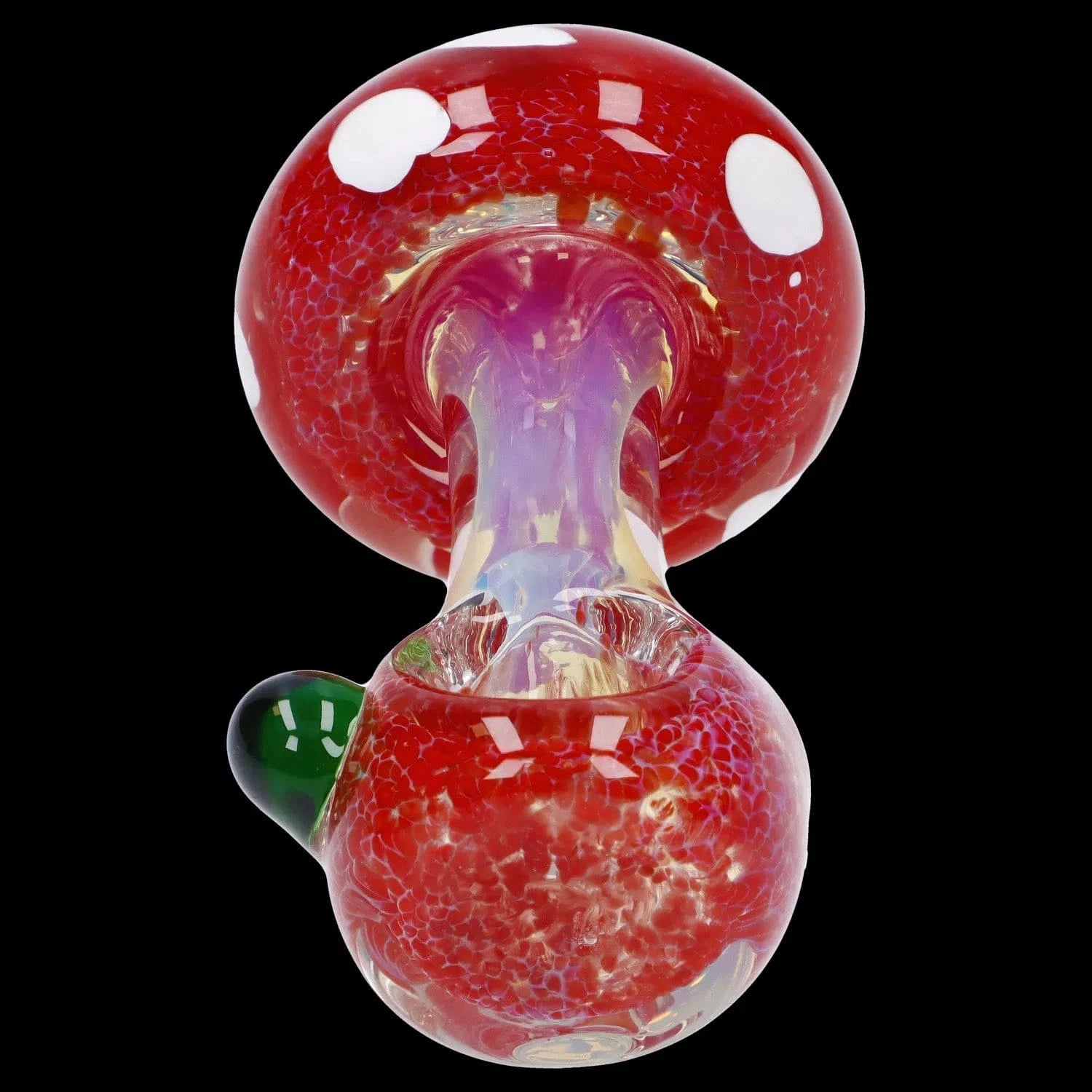 Top-down close-up of the Mushroom Frit Spoon Pipe - 4.5 in showing a red, white-spotted mushroom cap and iridescent stem against a black background