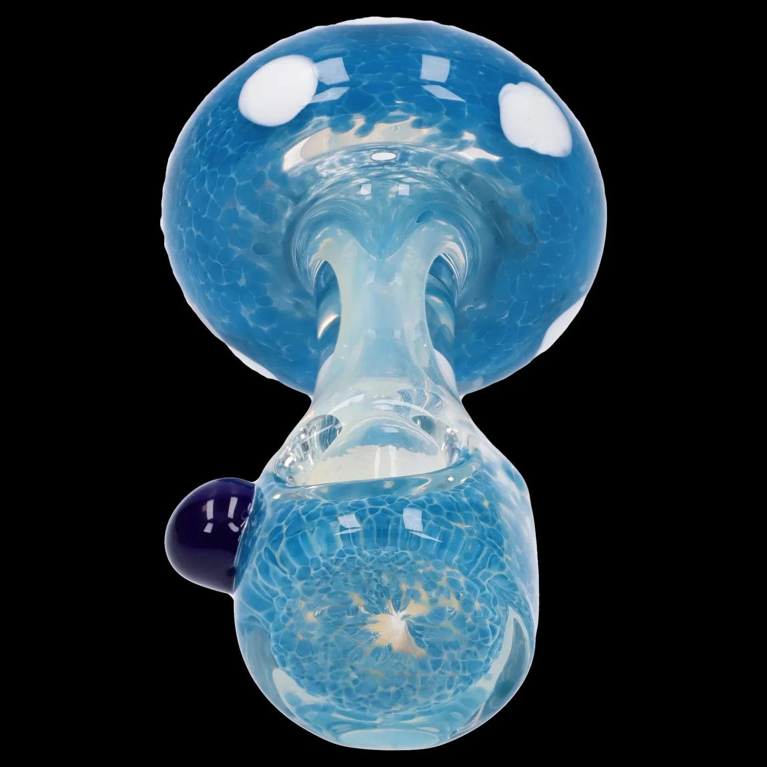 Top-down close-up of the Mushroom Frit Spoon Pipe - 4.5 in showing its blue fritted glass bowl, clear neck, and dark blue accent on a black background