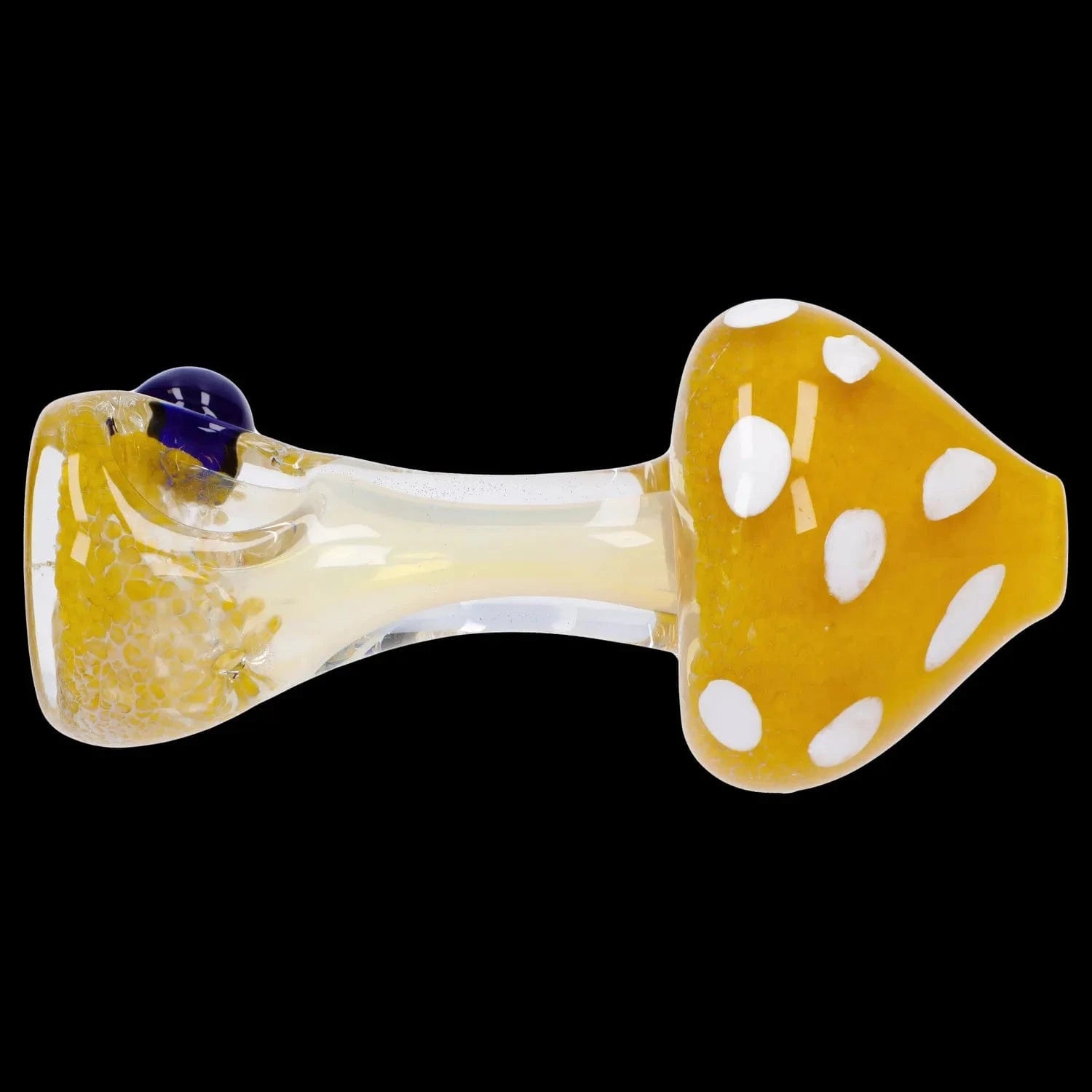 Close-up side view of the Mushroom Frit Spoon Pipe - 4.5 in, showing a yellow mushroom-shaped bowl with white spots and a clear, slightly iridescent stem on a black background