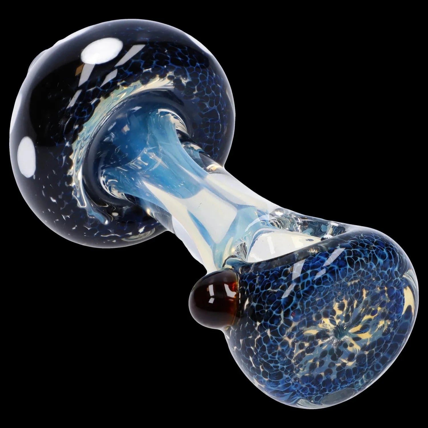 Close-up angled view of the Mushroom Frit Spoon Pipe - 4.5 in showing its blue fritted glass bowl and clear blue-tinted stem against a black background